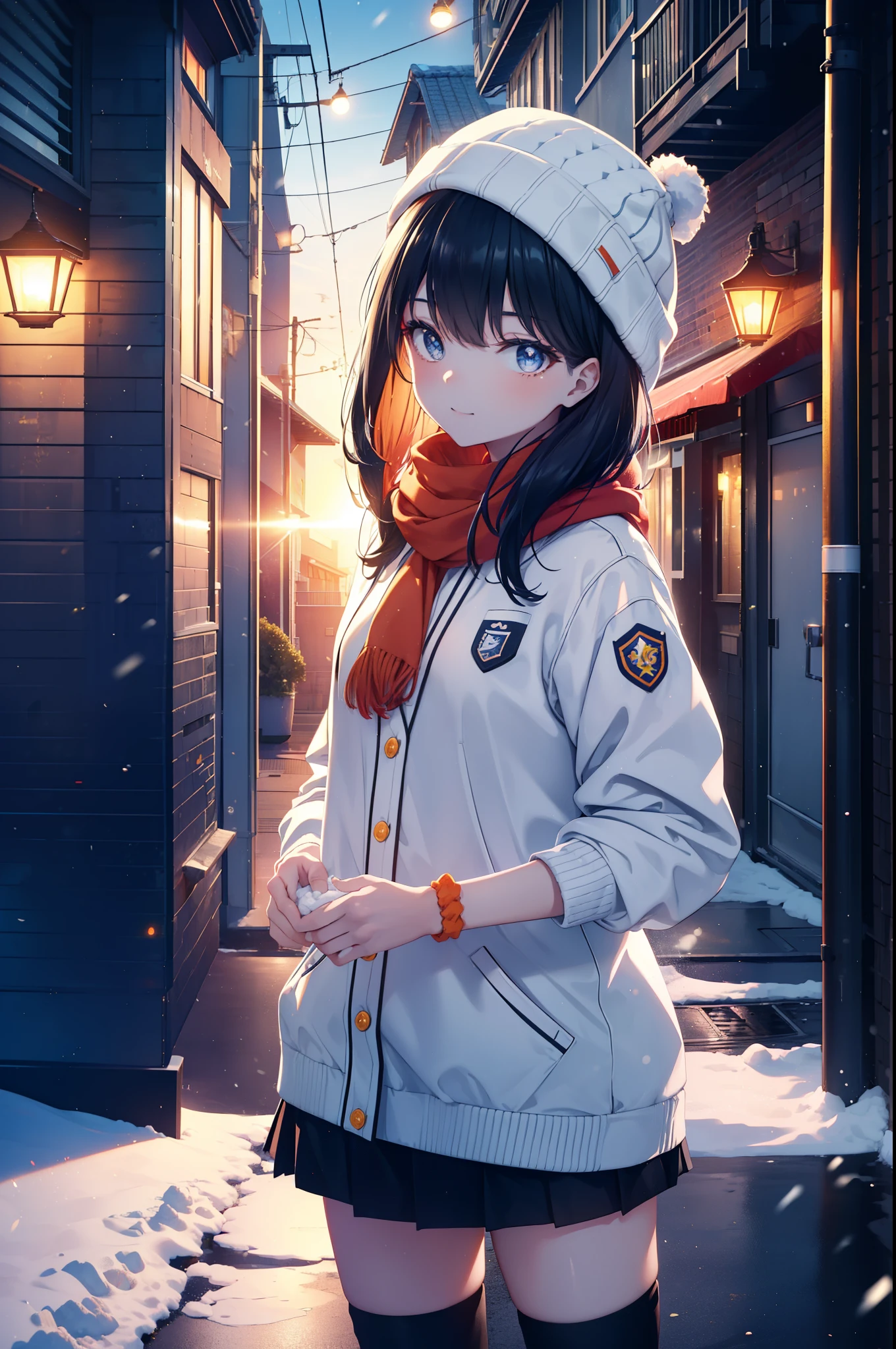 It's a good body, rikka takarada, black hair, blue eyes, long hair, orange Scrunchie, Scrunchie, wrist Scrunchie,knit hat happy smile, smile, open your mouth,Red Scarf,white fluffy long coat, turtleneck, black long skirt,short boots,winter,snow is falling,It's snowing,evening,夕日
break indoors,In town,residential street,
break looking at viewer, (cowboy shot:1.5),
break (masterpiece:1.2), highest quality, High resolution, unity 8k wallpaper, (figure:0.8), (detailed and beautiful eyes:1.6), highly detailed face, perfect lighting, Very detailed CG, (perfect hands, perfect anatomy),