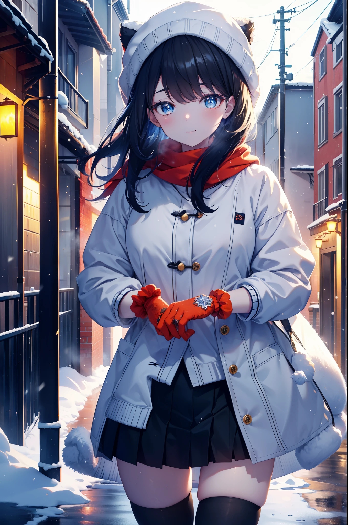 It&#39;s a good body, rikka takarada, black hair, blue eyes, long hair, orange Scrunchie, Scrunchie, wrist Scrunchie,knit hat happy smile, smile, open your mouth,Red Scarf,white fluffy long coat, fluffy red gloves,turtleneck, black long skirt,black pantyhose,short boots,winter,snow is falling,It&#39;s snowing,evening,夕日
break indoors,In town,residential street,
break looking at viewer, (cowboy shot:1.5),
break (masterpiece:1.2), highest quality, High resolution, unity 8k wallpaper, (figure:0.8), (detailed and beautiful eyes:1.6), highly detailed face, perfect lighting, Very detailed CG, (perfect hands, perfect anatomy),