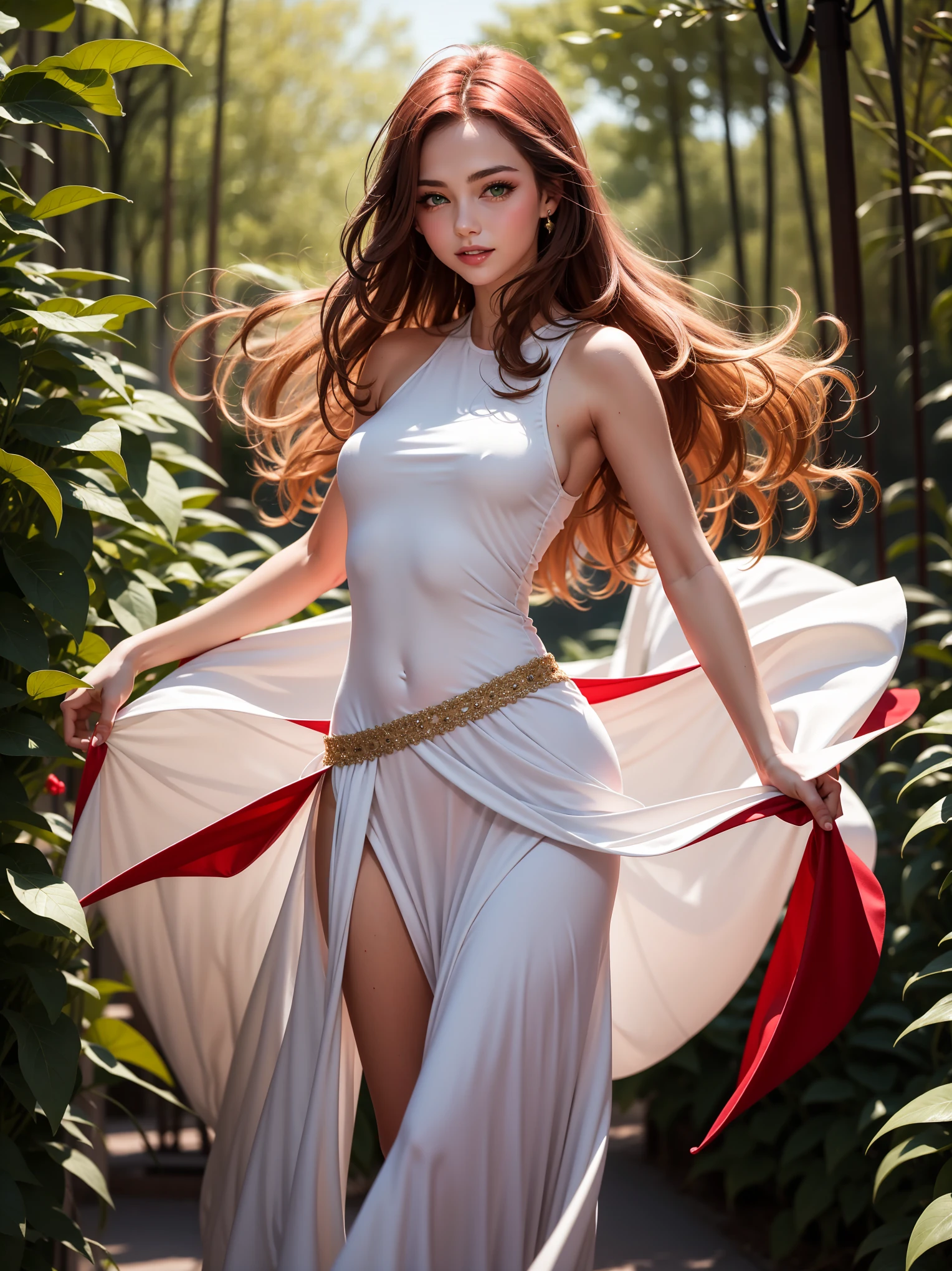 very beautiful (Russian girl), European view (A European view), (((Redheads:1.10))) beautiful (((thick))) curly hair ((brown-haired)), green eyes (looks at us with seductive eyes), (seductive smile), blowing in the wind (red long skirt), ((red long dress)), sensual dance (dance pose)

