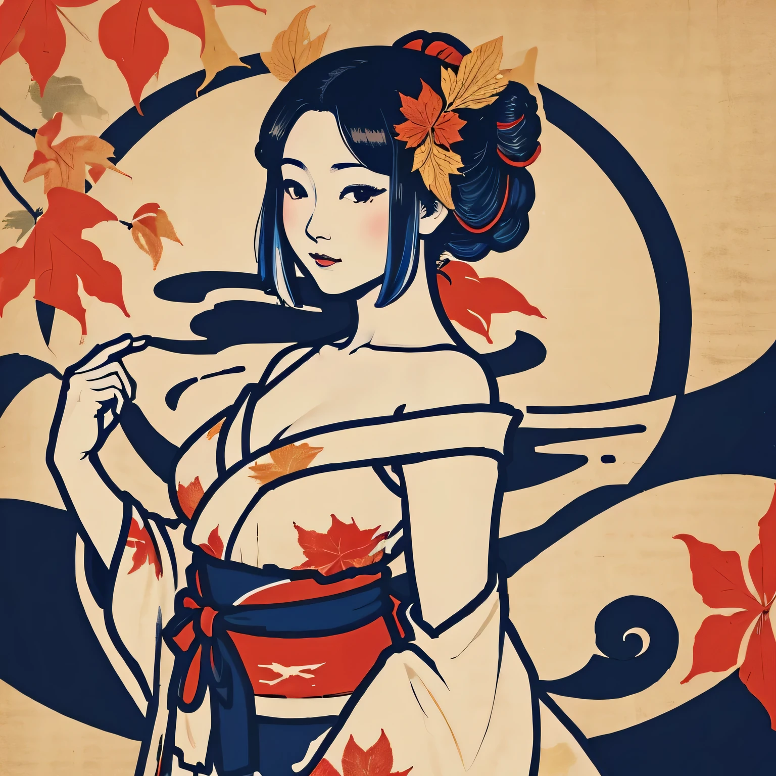 Art vintage japonais, Conception de t-shirts, art vectoriel, plat d&#39;art:1,4. \\ (japonaise, en kimono, best quality, Art officiel, Beaucoup de couleurs, couleurs du japon, ukiyo-e, style des feuilles d'automne, bare shoulders, belles formes,: 1.2),(teinte noire:1,2)