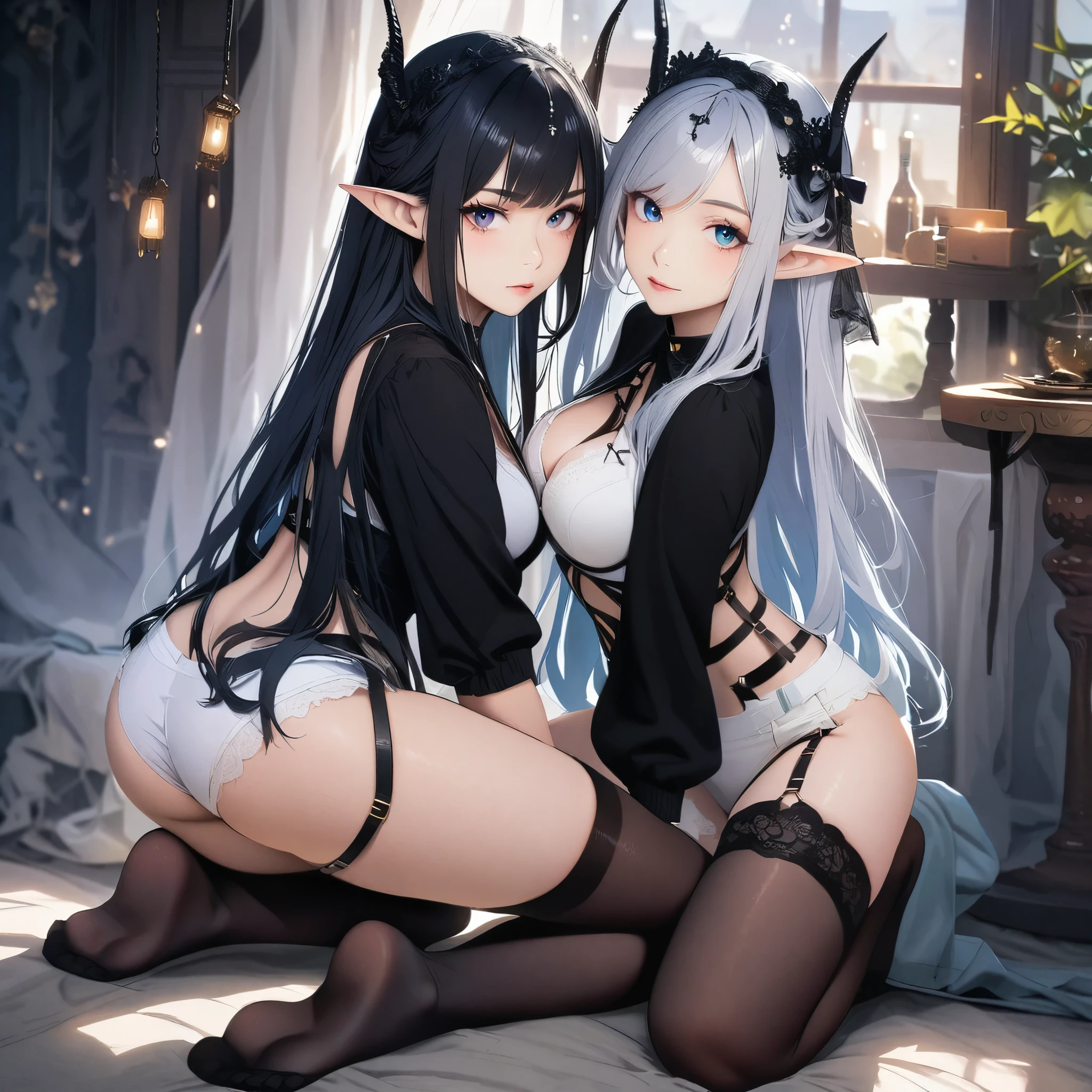 Dark Elf, 2girls, pointy ears, thighhighs, long hair, kneeling, black hair, looking at viewer, white hair