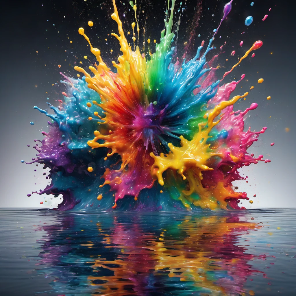 Reflection, aesthetic, extremely detailed, Rainbow explosion with reflection in water, made of coloured particles, high contrast: COLORFUL: 3D: ultra-fine details: dramatic lighting: splash art: professional photography, ZBrushCentral: finalRender: sharp focus: Unreal Engine 5 Trending on Artstation drip art fluid acrylics