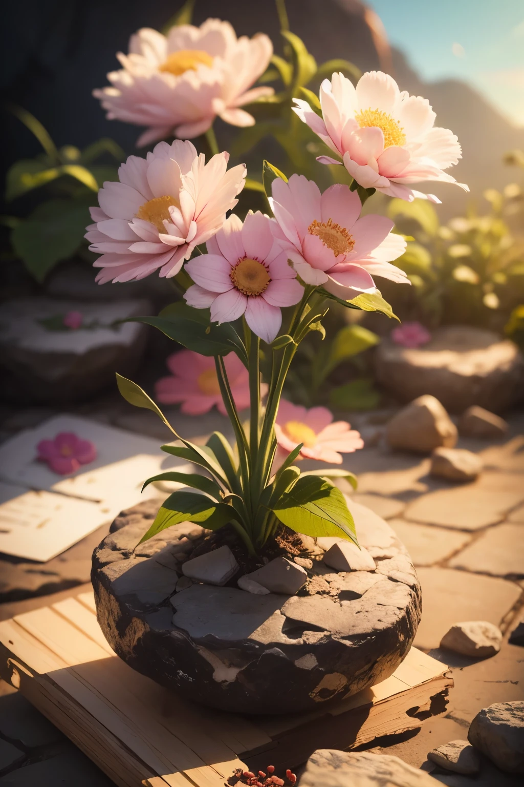 Flowers tied in rough stones、realistic pictures、(((fantastic background)))、(sunrise)、there are no humans