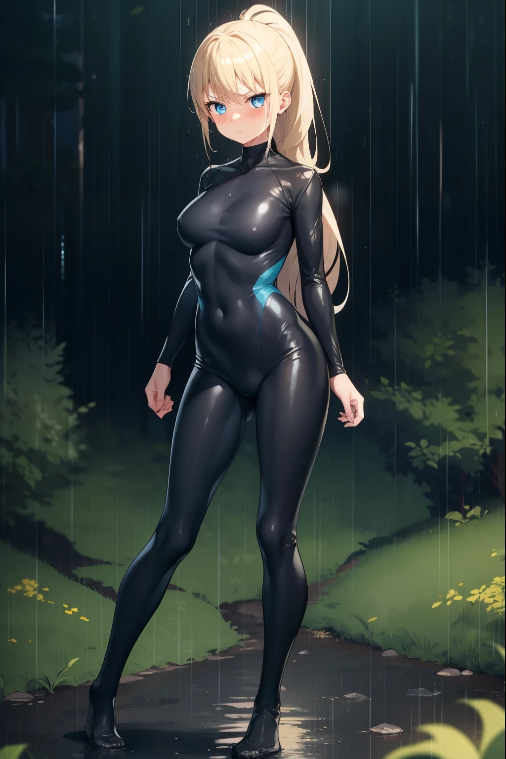 forest,night,rain,1 girl,blonde,ponytail,black tight suit,blue eyes,serious face,blush,rainに濡れている女の子,Put your hips on your hands,full body figure,not wearing shoes,