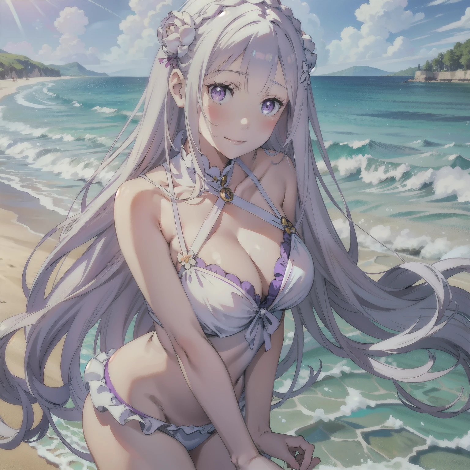 cute, beautiful, girl,Emilia re:zero, purple eyes, Emilia, crown braid, x hair ornament, flower hair ornament, white hair, very long hair, medium breasts, anime style, feminine, , cherry lips, smooth hair, white skin, smile, cute swimsuit, bikini swimsuit, straight hair, long hair, summer sea, large breasts, two-dimensional beautiful girl, one, kind face