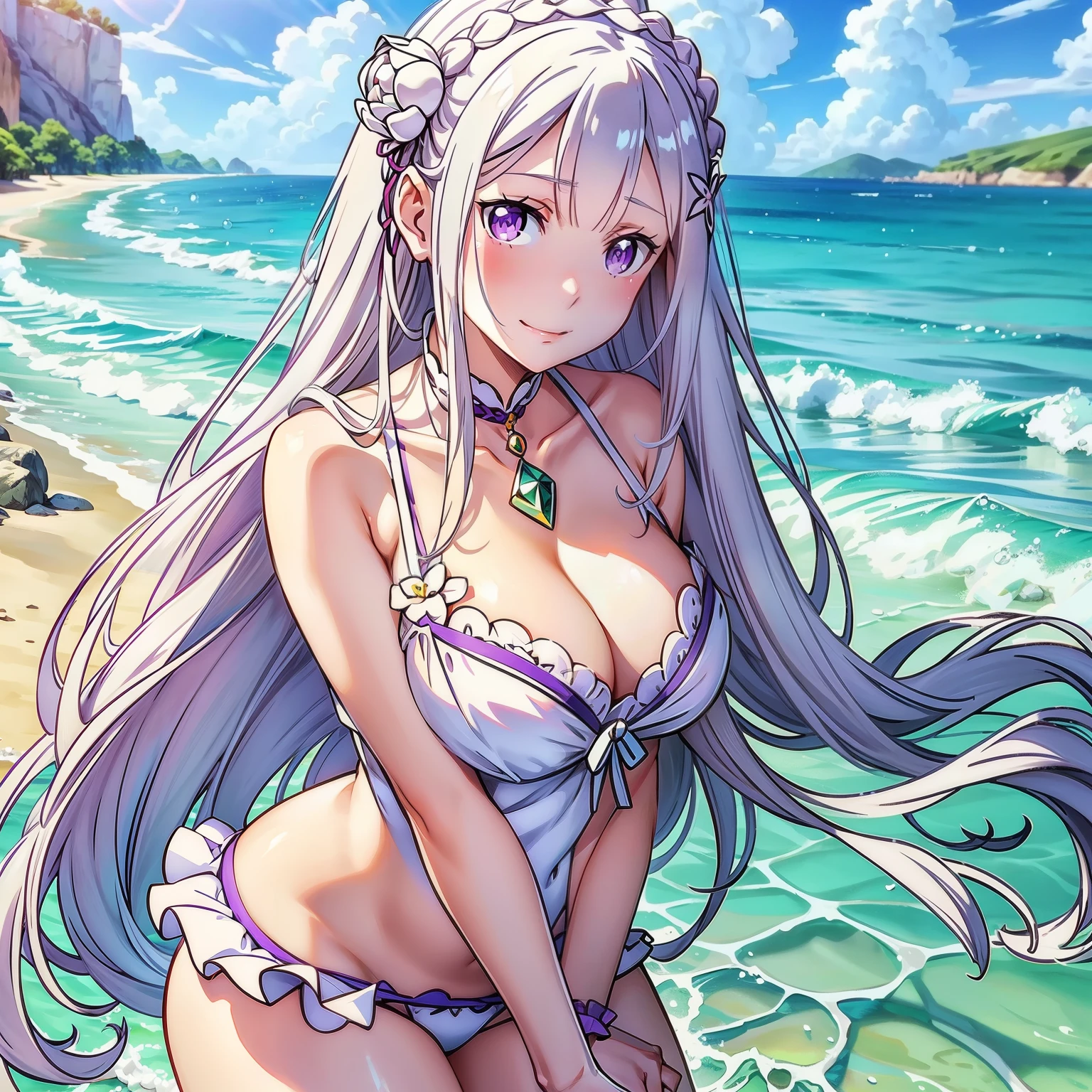 cute, beautiful, girl,Emilia re:zero, purple eyes, Emilia, crown braid, x hair ornament, flower hair ornament, white hair, very long hair, medium , anime style, feminine, baby face, cherry lips, smooth hair, white skin, smile, cute swimsuit, bikini swimsuit, straight hair, long hair, summer sea, large breastsimensional beautiful girl, one, kind face