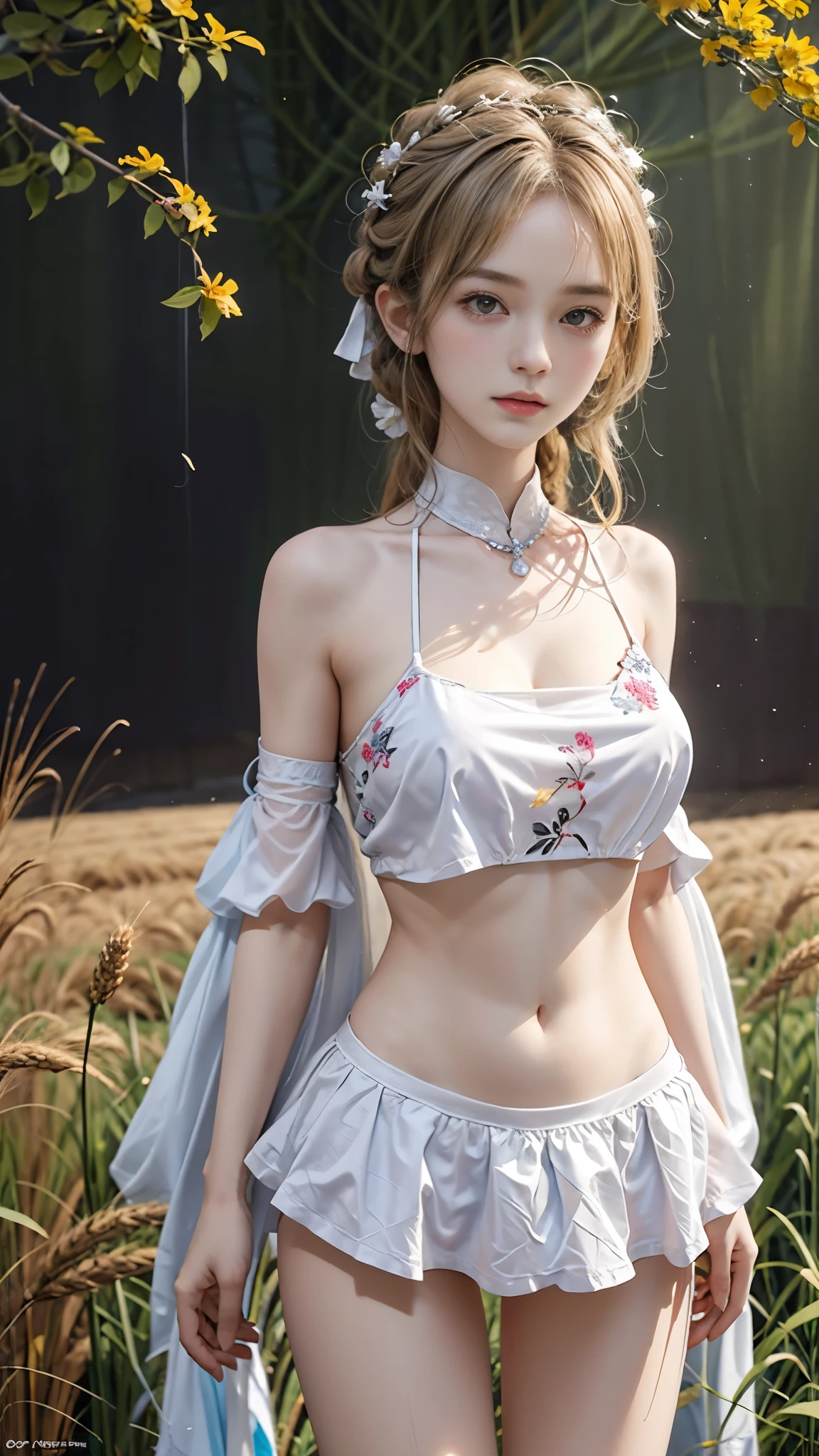 nsfw, breasts curtain, floral print, cleavage,navel,bare shoulders, bare arms, masterpiece，best quality，high质量，high清晰度，high质量的纹理，high质量的阴影，high细节，beautiful details，fine details，Extremely detailed CG，Detailed texture，lifelike的面部表现，lifelike的，rich and colorful，exquisite，sharp focus，(intricate detailake up，PureErosFace_V1:0.5)，(细节美exquisite脸，(细节美exquisite眼睛)，Perfect比例的脸，highDetails of the skin，Details of the skin，Four fingers and one thumb in optimal proportions，emaciated:1.3)，1 girl，************，high，(光滑的abdominal muscles:1.55)，(abdominal muscles:0.5)，pretty，Perfect，high，((very long legs)), ((Big breasts, plump breasts, cleavage)), ((bare shoulders)), ((The skirt is short)), (long legs)，(straight legs)，(thin waist)，((White skin))，White skin，((White skin))，(emma watson)，Big breasts，((Caucasian))，light blonde hair，Stand with legs apart，looking at the audience，whole body，Portrait of cute blonde girl，((Standing in the wheat field,Look into the distance))，bloom，orange mist，sports，Wisps of hair，lifelike，high品质渲染，amazing art，high品质，film texture，Fujifilm XT3，dream