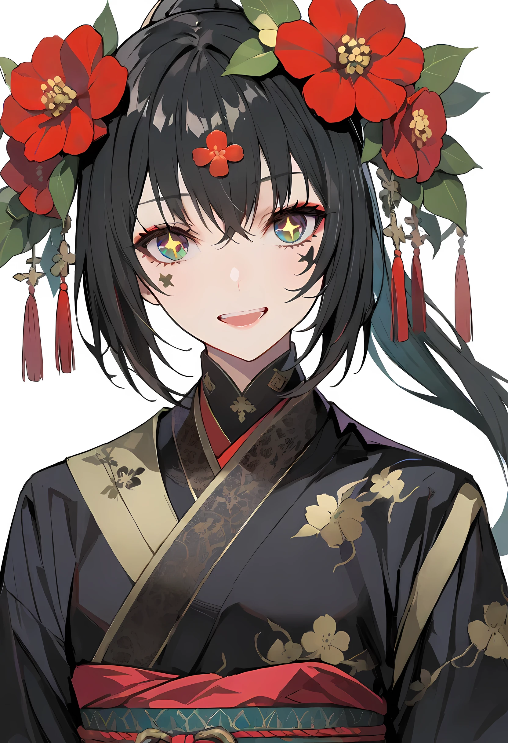 I, 独自of, 1 girl, of_student, +_+, 黑色of_hair, 高of_ponytail, 红色of_flower_hair_decorate