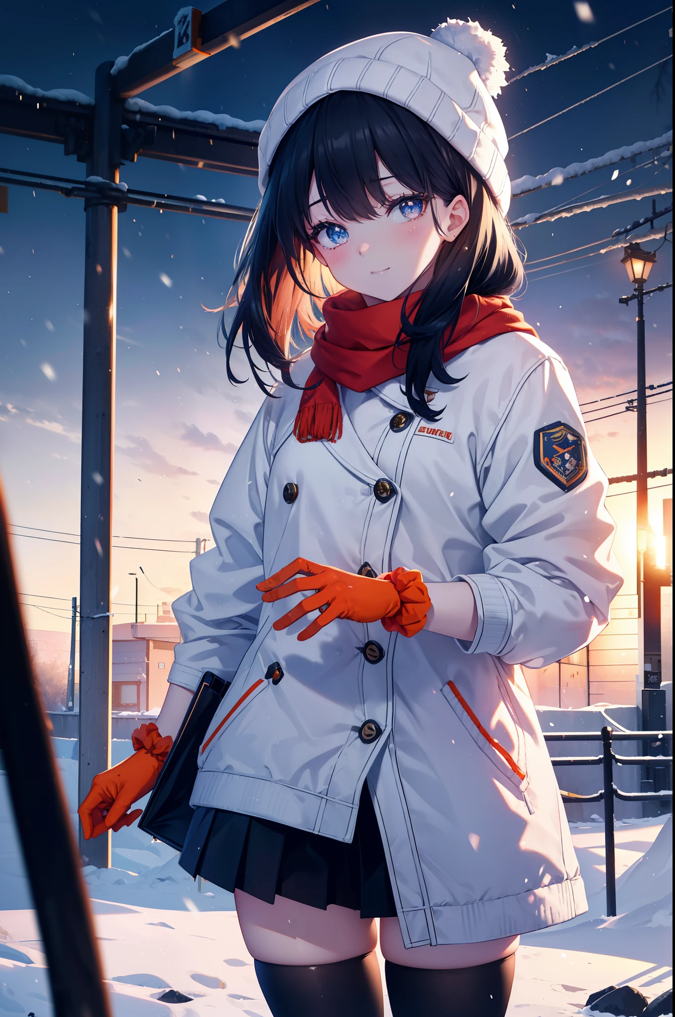 It's a good body, rikka takarada, black hair, blue eyes, long hair, orange Scrunchie, Scrunchie, wrist Scrunchie,knit hat happy smile, smile, open your mouth,Red Scarf,white fluffy long coat, fluffy red gloves,turtleneck, black long skirt,black pantyhose,short boots,winter,snow is falling,It's snowing,evening,夕日
break indoors,In town,residential street,
break looking at viewer, (cowboy shot:1.5),
break (masterpiece:1.2), highest quality, High resolution, unity 8k wallpaper, (figure:0.8), (detailed and beautiful eyes:1.6), highly detailed face, perfect lighting, Very detailed CG, (perfect hands, perfect anatomy),
