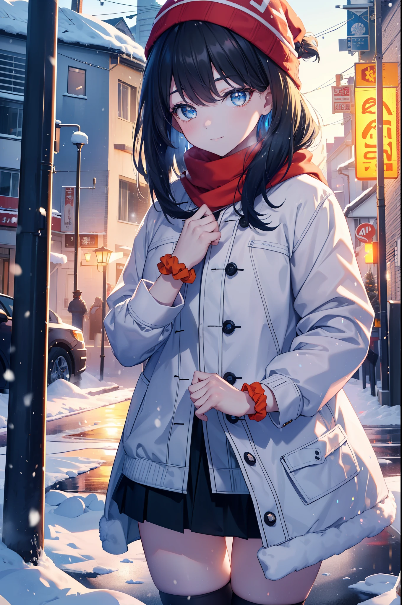 It&#39;s a good body, rikka takarada, black hair, blue eyes, long hair, orange Scrunchie, Scrunchie, wrist Scrunchie,knit hat happy smile, smile, open your mouth,Red Scarf,white fluffy long coat, fluffy red gloves,turtleneck, black long skirt,black pantyhose,short boots,winter,snow is falling,It&#39;s snowing,evening,夕日
break outdoors,In town,residential street,
break looking at viewer, (cowboy shot:1.5),
break (masterpiece:1.2), highest quality, High resolution, unity 8k wallpaper, (figure:0.8), (detailed and beautiful eyes:1.6), highly detailed face, perfect lighting, Very detailed CG, (perfect hands, perfect ???????),