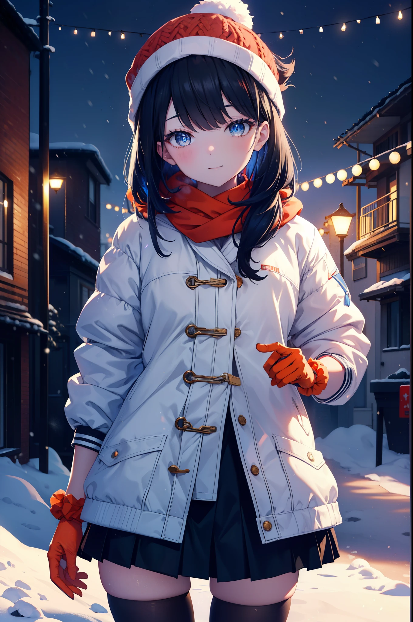 It&#39;s a good body, rikka takarada, black hair, blue eyes, long hair, orange Scrunchie, Scrunchie, wrist Scrunchie,knit hat happy smile, smile, open your mouth,Red Scarf,white fluffy long coat, fluffy red gloves,turtleneck, black long skirt,black pantyhose,short boots,winter,snow is falling,It&#39;s snowing,evening,夕日
break outdoors,In town,residential street,
break looking at viewer, (cowboy shot:1.5),
break (masterpiece:1.2), highest quality, High resolution, unity 8k wallpaper, (figure:0.8), (detailed and beautiful eyes:1.6), highly detailed face, perfect lighting, Very detailed CG, (perfect hands, perfect ???????),