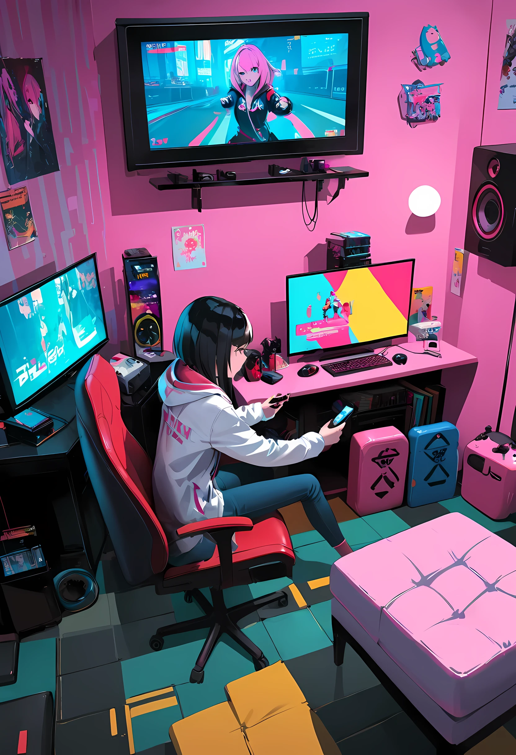 There is a girl in the room sitting on the bed playing video games, big tv, Teen room with books, cyberpunk, Inspired by Liam Wong, night, darkroom, Lo-Fi illustration style, gaming room, study in room, Cyril turned over，Then.he is tired, Teen room.  