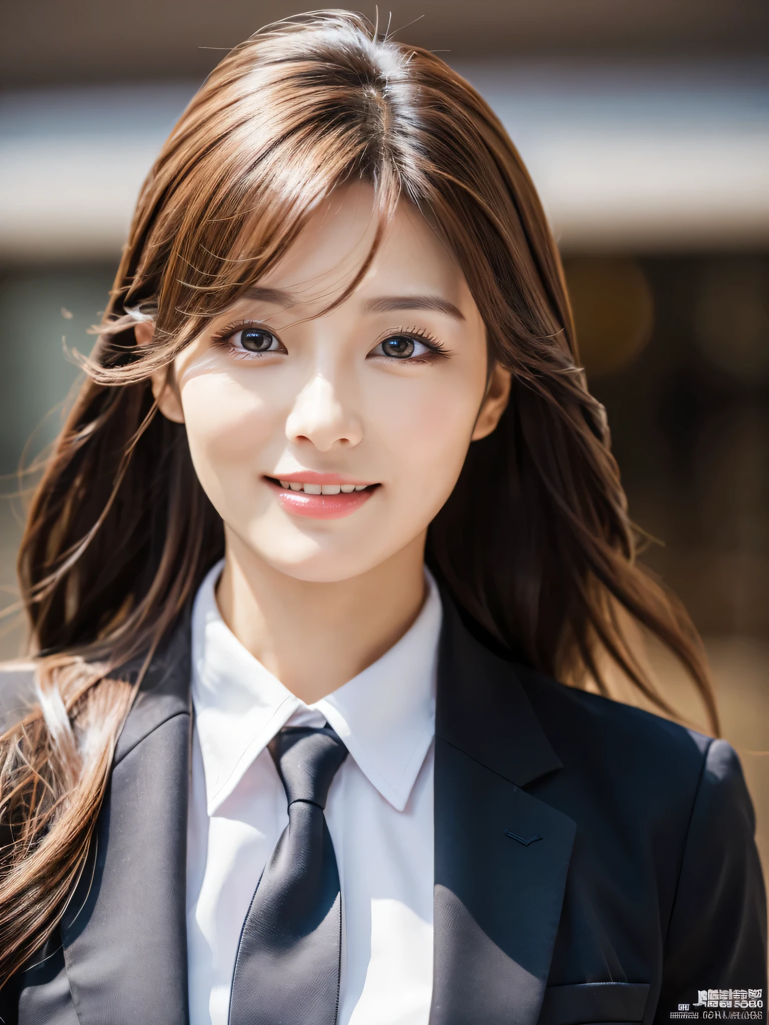 table top、highest quality、genuine、Super detailed、finely、High resolution、8k wallpaper、one beautiful woman、、、light brown disheveled hair、wearing a business suit、sharp focus、perfect dynamic composition、beautiful and detailed eyes、thin hair、Detailed genuine skin texture、smile、close-up portrait、model body shape