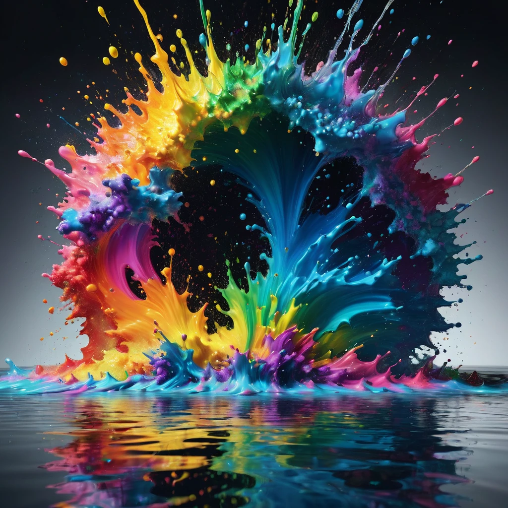 Reflection, aesthetic, extremely detailed, Rainbow explosion with reflection in water, made of coloured particles, high contrast: COLORFUL: 3D: ultra-fine details: dramatic lighting: splash art: professional photography, ZBrushCentral: finalRender: sharp focus: Unreal Engine 5 Trending on Artstation drip art fluid acrylics