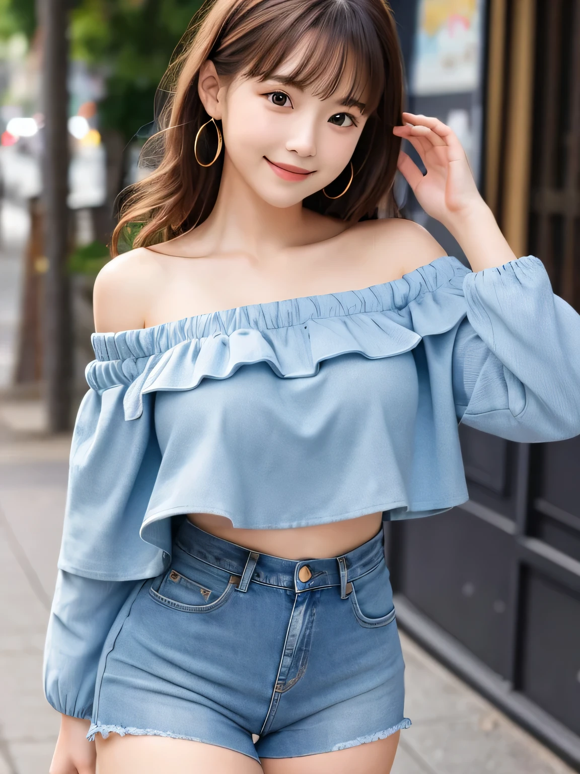 8K, highest quality, real image, intricate details, Super detailed, ultra high resolution, depth field, (realistic:1.2), (closed mouth:1.3), 1 Japanese girl, very beautiful 17 year old girl, small eyes, beautiful breasts:1.5、highly detailed eyes:1.2), (beautiful breasts:1.1), (small breasts:1.1), wavy hair、curly hair、bangs, Fair skin, (huge hips:1.1), (thick thighs:1.1), (thick legs:1.1), tight waist, alone, (smile:1.2), (off shoulder top), (short jeans) break, busy street
