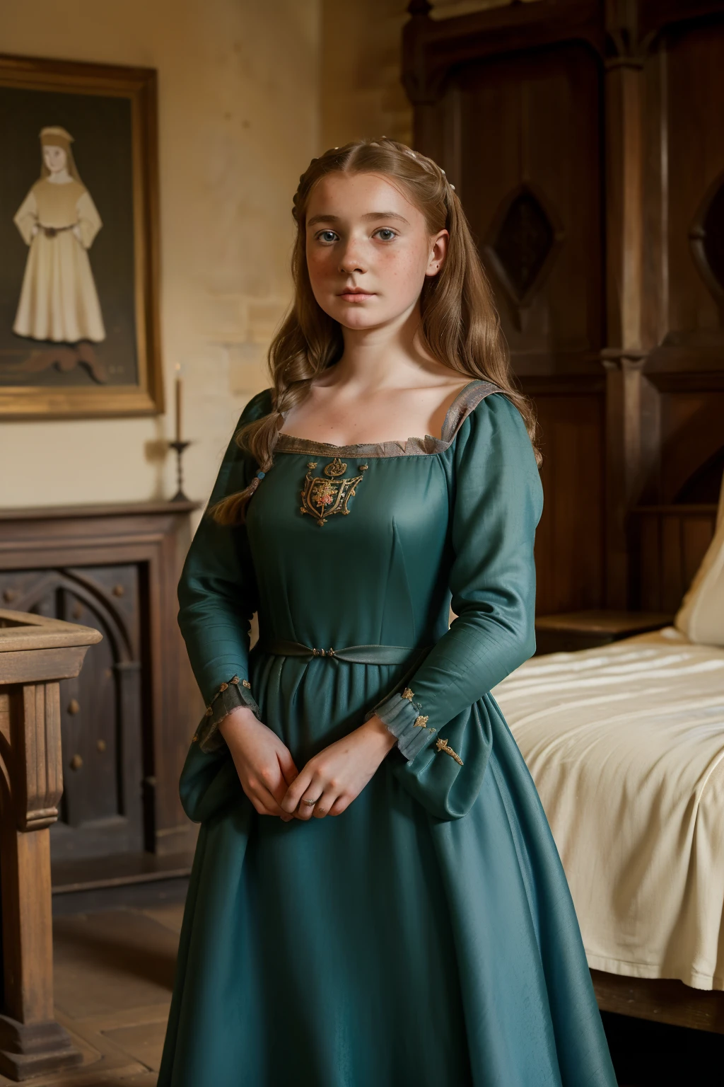 England, 1347. ((((-yeld)) y Matilda)), dainty, innocent, shy, freckles, in a castle room, ((scared expression)). ((((clothings from the 1340s, gown)))), ((hairstyle of the 1340s))