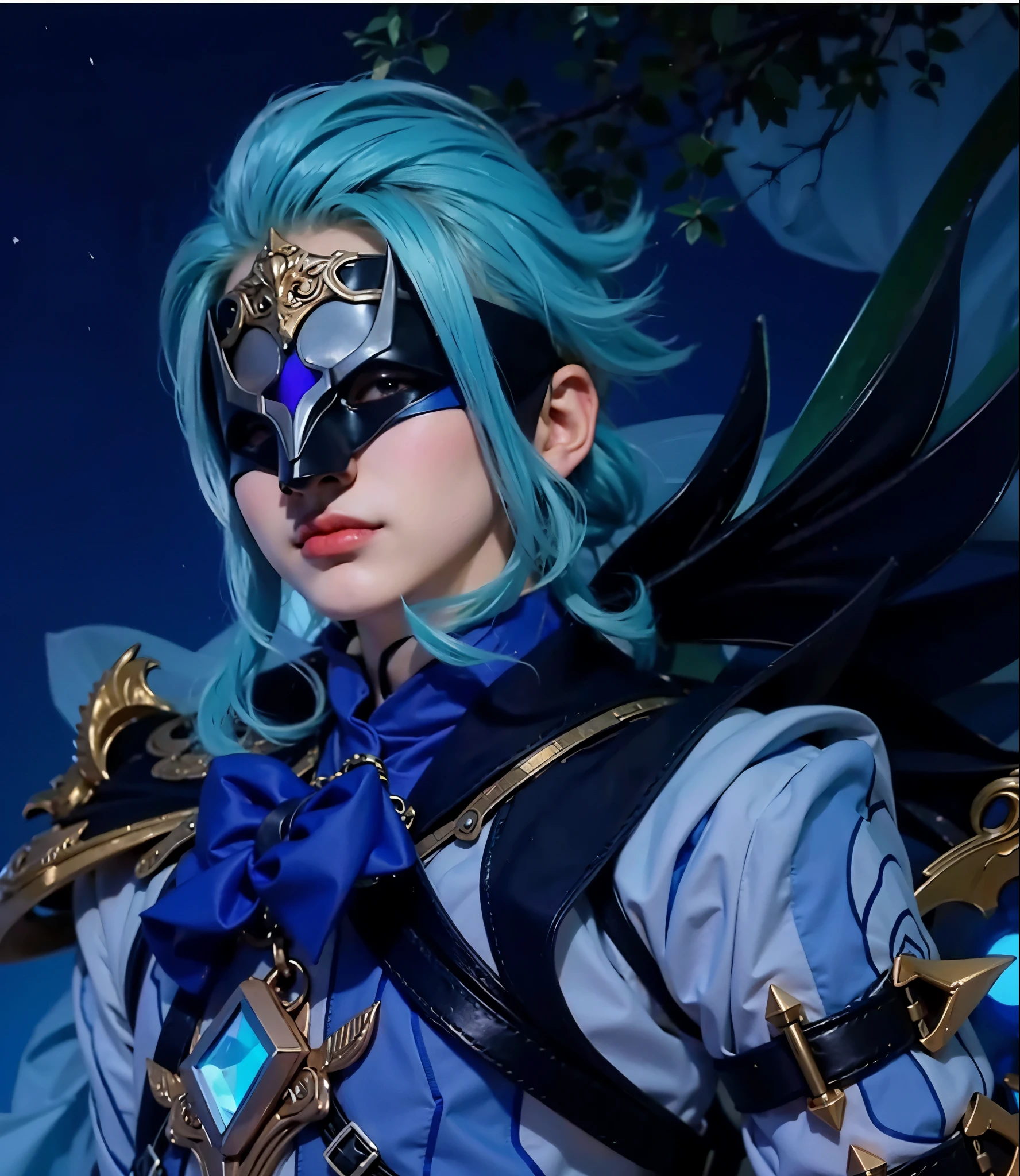 masked man with blue hair