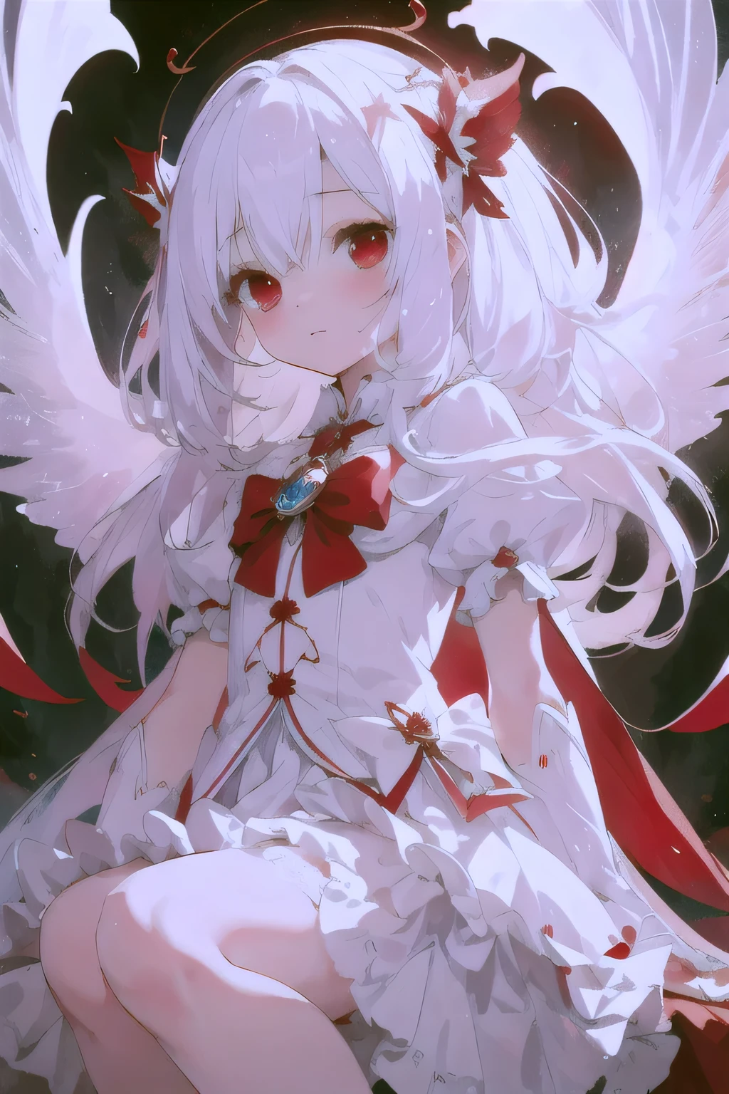 A girl with white hair reaching below her thighs, her bright and vivid ruby-colored faith eyes, her skin pale and soft, innocent and pure, She only wears a white short-sleeved dress that reaches to her knees and her legs and arms are covered by bandages.