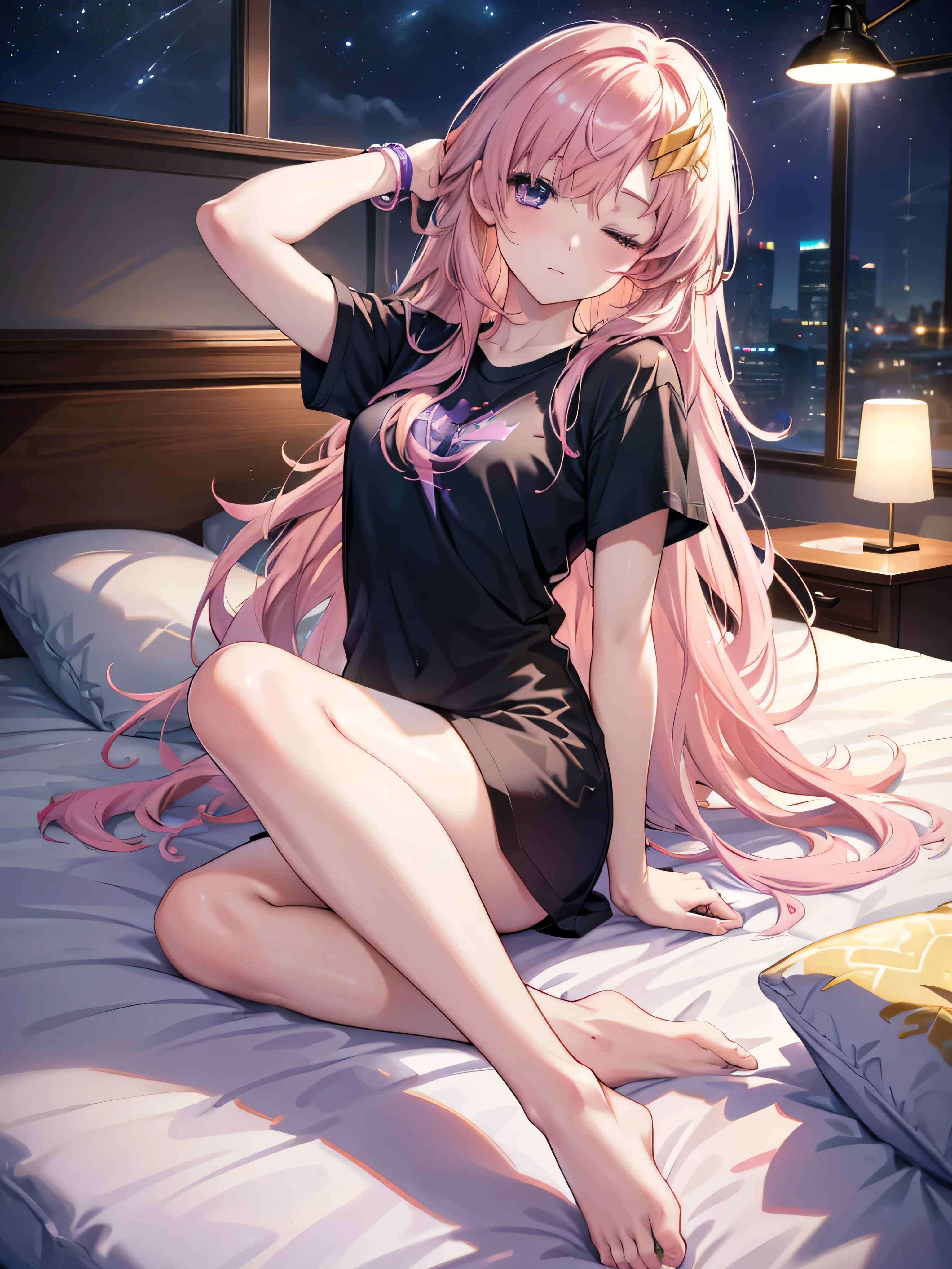 masterpiece, highest quality, super detailed, ultra high resolution, realistic, 8K, highest quality, masterpiece, best image quality, Super detailed, ultra high resolutionolution, realistic描写, anime, comics, long hair (She is wearing a simple gold hair ornament.), pink hair, purple eyes, 1 girl, alone, Highly detailed art buds, official artwork, shiny skin, shiny skin, professional lighting, slender body shape, Body Gloss, pink cheeks, windows，romantic starry sky，Sleeping with both eyes closed,A meteor crosses,T-shirt,Black string underwear,sleeping in bed,night,moonlight,Sleep with your head on the pillow,Sleeping lying on your back in bed,dark room, barefoot　　　　　　　　　　　　　　　　　　 break indoors,Bedroom, break (masterpiece:1.2),