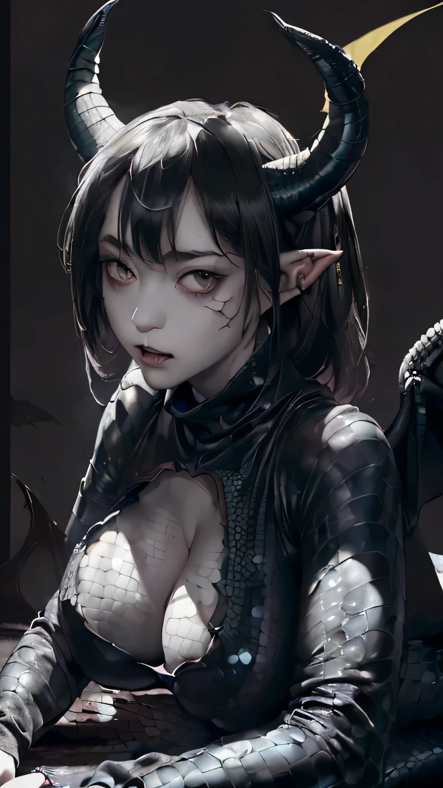 (((masterpiece))),((highest quality)),one beautiful girl,pale, (A character that personifies a dragon: 1.5), (has horns on its head:1.5)、(big breasts:1.5)、(belly button)、((reptile black clothes:1.5)),(private server), (exposure of skin),(The background is ruins:1.5).(((from the front:1.5)))、(straight front: 1.5)、(Bat-like wings:1.5)、(Lie:1.5)