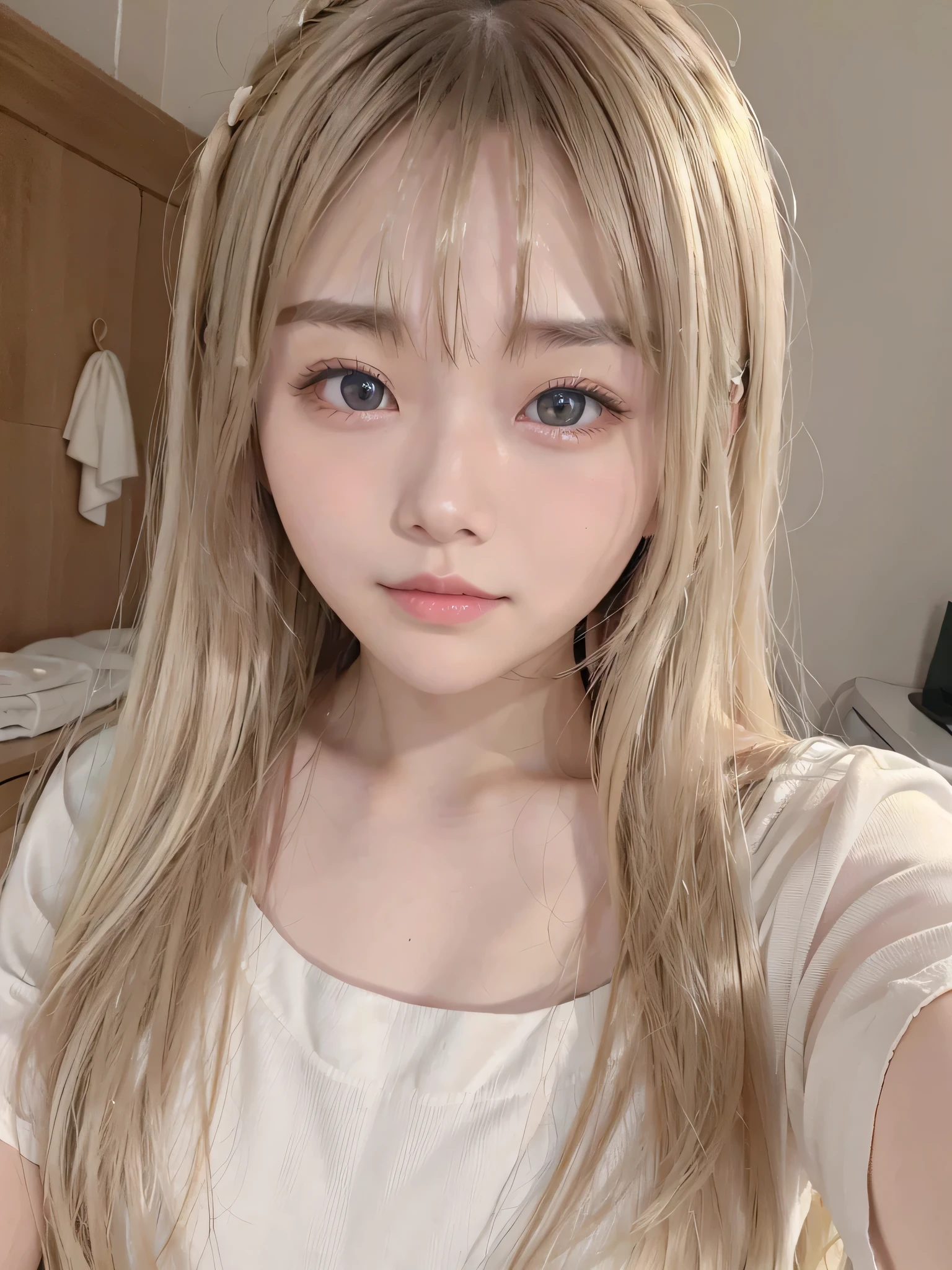 究極のbeautiful face、bright look、small face beauty、((Super long silky blonde hair that shines in gold))、hair play、Long bangs on the face,、16 year old adorable beautiful girl、white and beautiful skin、glowing skin、cheek gloss、terrible face、Very bright pale marine blue eyes、Big eyes、With a round face、beautiful face、big breasts、