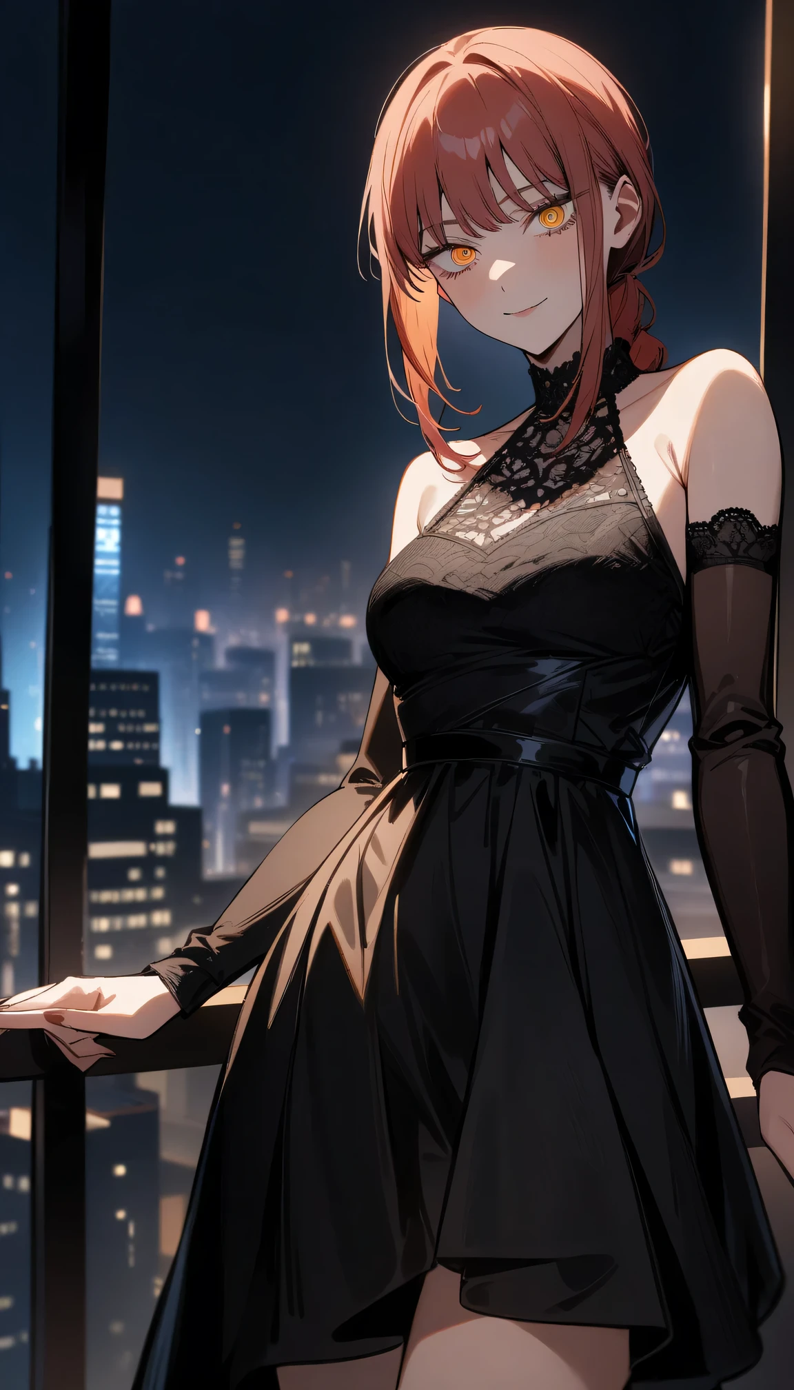1girl, makima \(chainsaw man\), chainsaw man, looking at viewer, (smirk:0.7), close up (cowboy shot:0.7), beautiful party dress, black lace dress, intricate dress, detached sleeves, (off-shoulders dress), night scenery, city view, balcony, masterpiece, best quality
