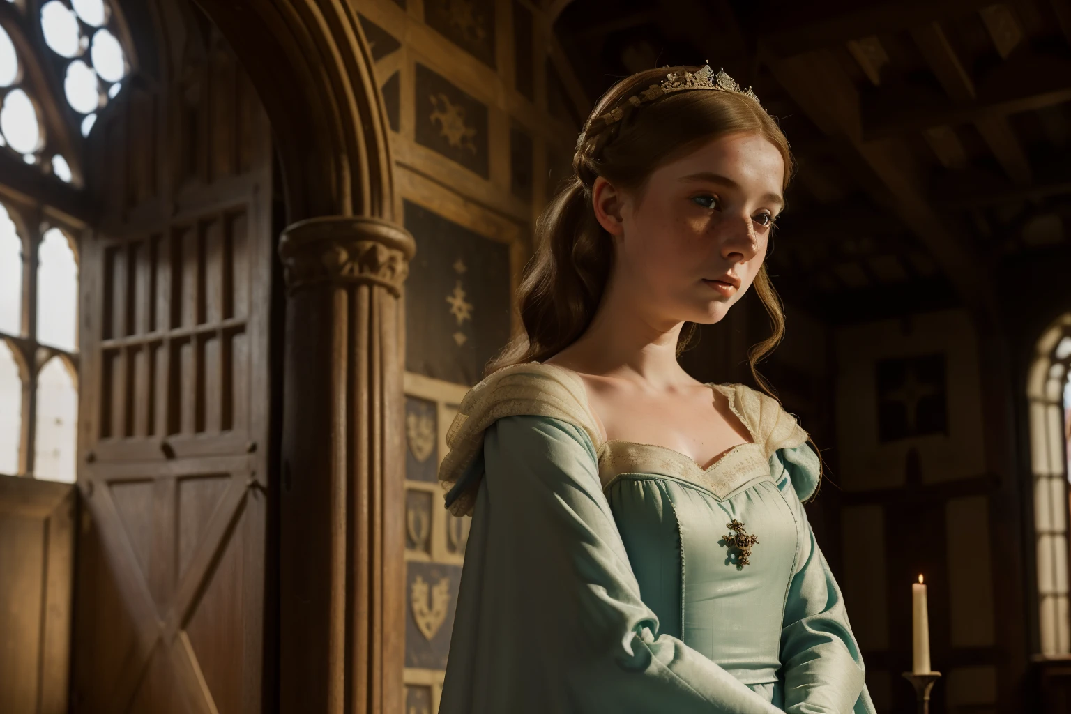 England, 1347. ((((14-year-old)) lady Matilda)), pale and dainty, innocent, shy, freckles, in a castle room, ((scared expression)). ((((clothings from the 1340s, gown)))), ((hairstyle of the 1340s))
