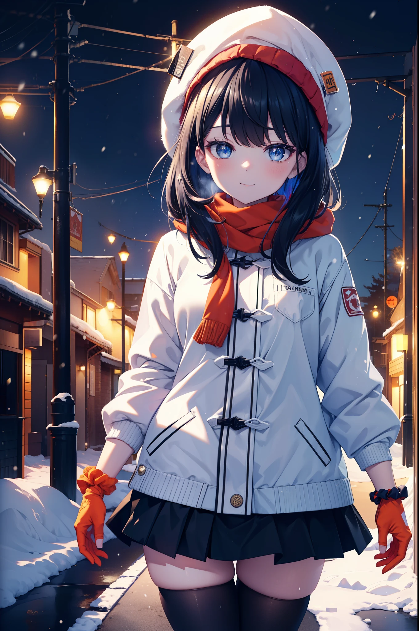 It's a good body, rikka takarada, black hair, blue eyes, long hair, orange Scrunchie, Scrunchie, wrist Scrunchie,knit hat happy smile, smile, open your mouth,Red Scarf,white fluffy long coat, fluffy red gloves,turtleneck, black long skirt,black pantyhose,short boots,winter,snow is falling,It's snowing,evening,夕日
break outdoors,In town,residential street,
break looking at viewer, (cowboy shot:1.5),
break (masterpiece:1.2), highest quality, High resolution, unity 8k wallpaper, (figure:0.8), (detailed and beautiful eyes:1.6), highly detailed face, perfect lighting, Very detailed CG, (perfect hands, perfect anatomy),