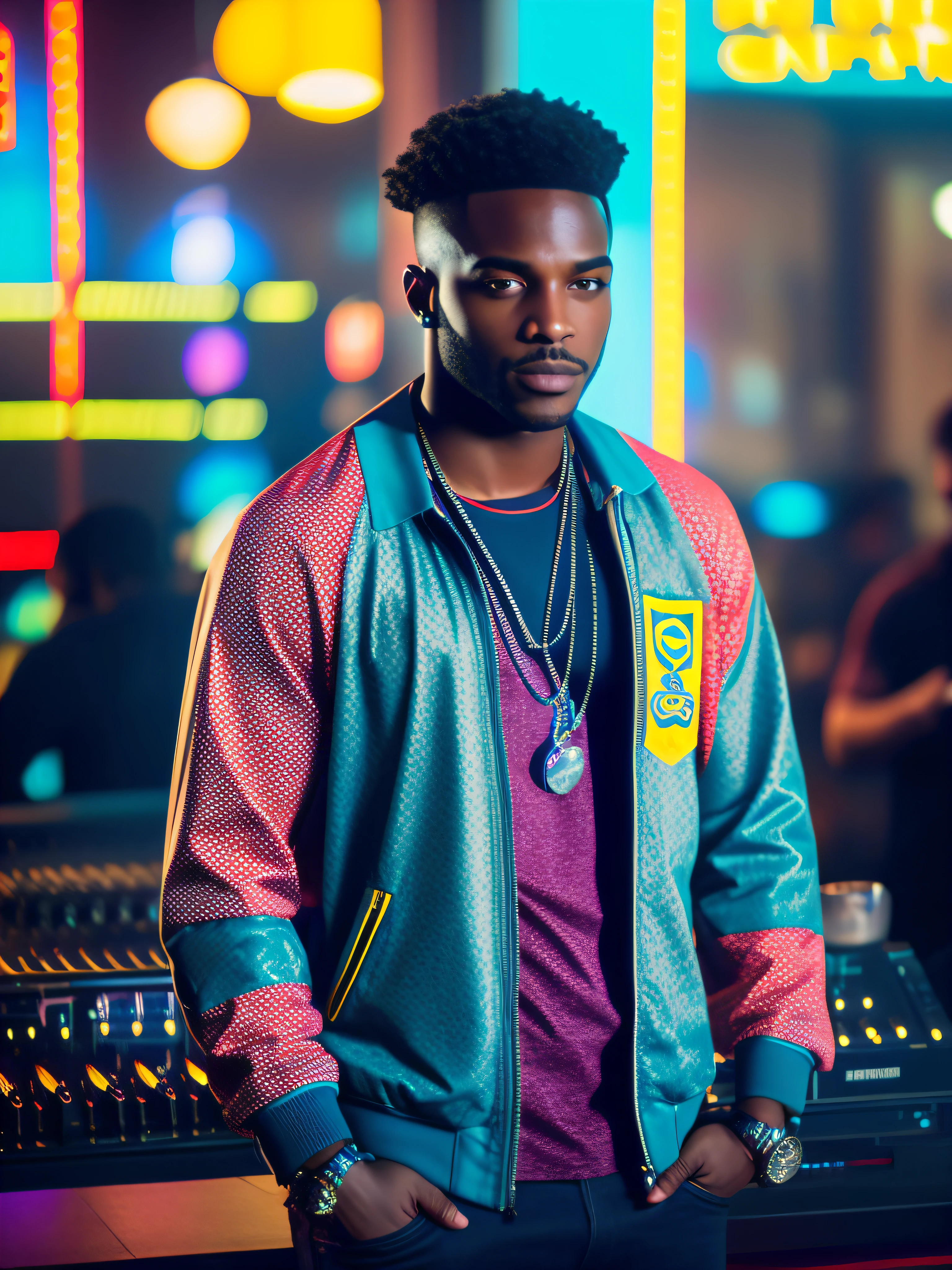 putain_science-fiction, putain_science-fiction_V2, portrait d'un jeune DJ, with headphones for DJ equipment, homme guerrier africain musclé très beau et attrayant, dans un club de danse, night club, Des vêtements riches et colorés et des bijoux africains dorés, fermer, pose et attitude royales. putain_movie theater_V2.