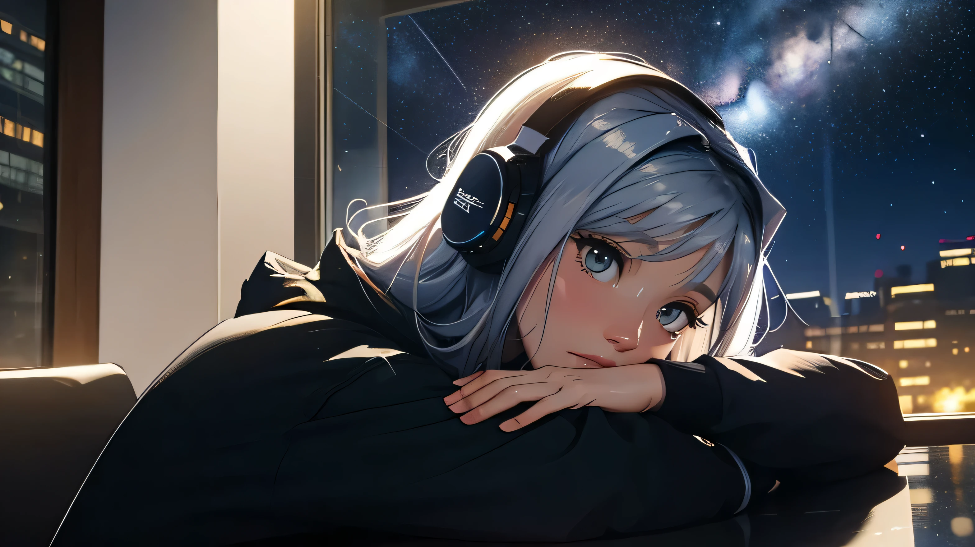 library, Sit by the window, wearing headphones, take a pensive posture, look at the stars, My head got stuck in the glass, night city, beautiful starry sky, Beautiful girl, UHD Portraits, (high quality) (ultra detail) Observation of a viewer wearing hip-hop style street clothes; different, fancy, long colored silver hair 🌈