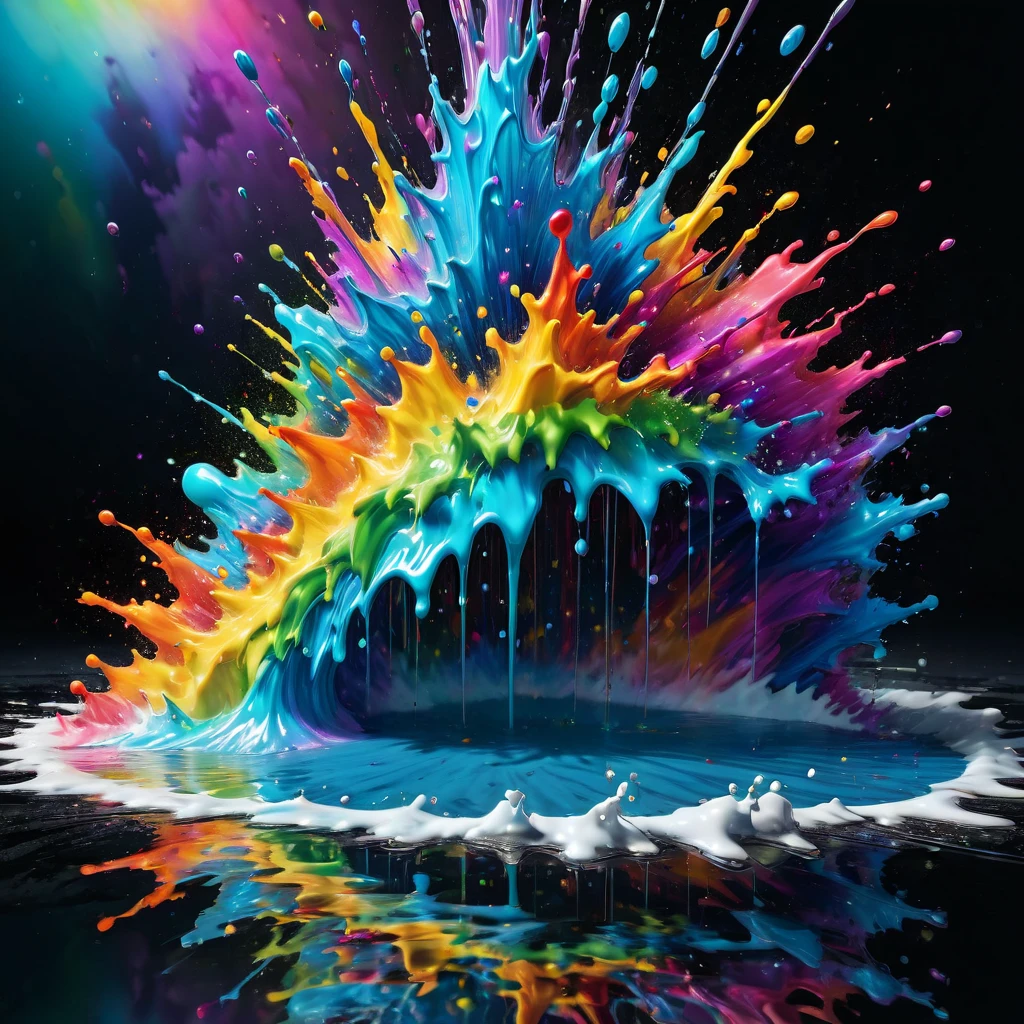 Reflection, aesthetic, extremely detailed, Rainbow explosion with reflection in water, made of coloured particles, high contrast: COLORFUL: 3D: ultra-fine details: dramatic lighting: splash art: professional photography, ZBrushCentral: finalRender: sharp focus: Unreal Engine 5 Trending on Artstation drip art fluid acrylics