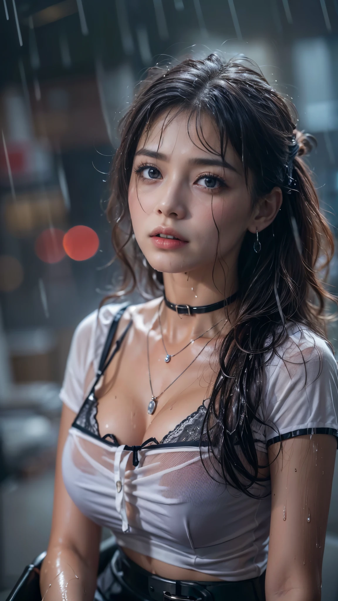 (RAW shooting, Photoreal:1.5, 8K, highest quality, masterpiece, ultra high resolution), perfect dynamic composition:1.2, Night street corner of a modern city, expression of sadness:0.3, (((Typhoon heavy rain))), Highly detailed skin and facial textures:1.2, Slim office lady wet in the rain:1.3, Fair skin, sexy beauty:1.1, perfect style:1.2, beautiful and aesthetic:1.1, very beautiful face, water droplets on the skin, (rain drips all over my body:1.2, wet body:1.2, wet hair:1.3), (wet office skirt:1.2, wet office lady uniform:1.3), belt, (Medium chest, Bra is transparent, Chest gap), (cry, lovelorn, The expression on your face when you feel intense caress, Facial expression when feeling pleasure), (beautiful blue eyes, Eyes that feel beautiful eros:0.8), (Too erotic:0.9, Bewitching:0.9), cowboy shot, Shoulder bag, necklace, earrings, bracelet, clock