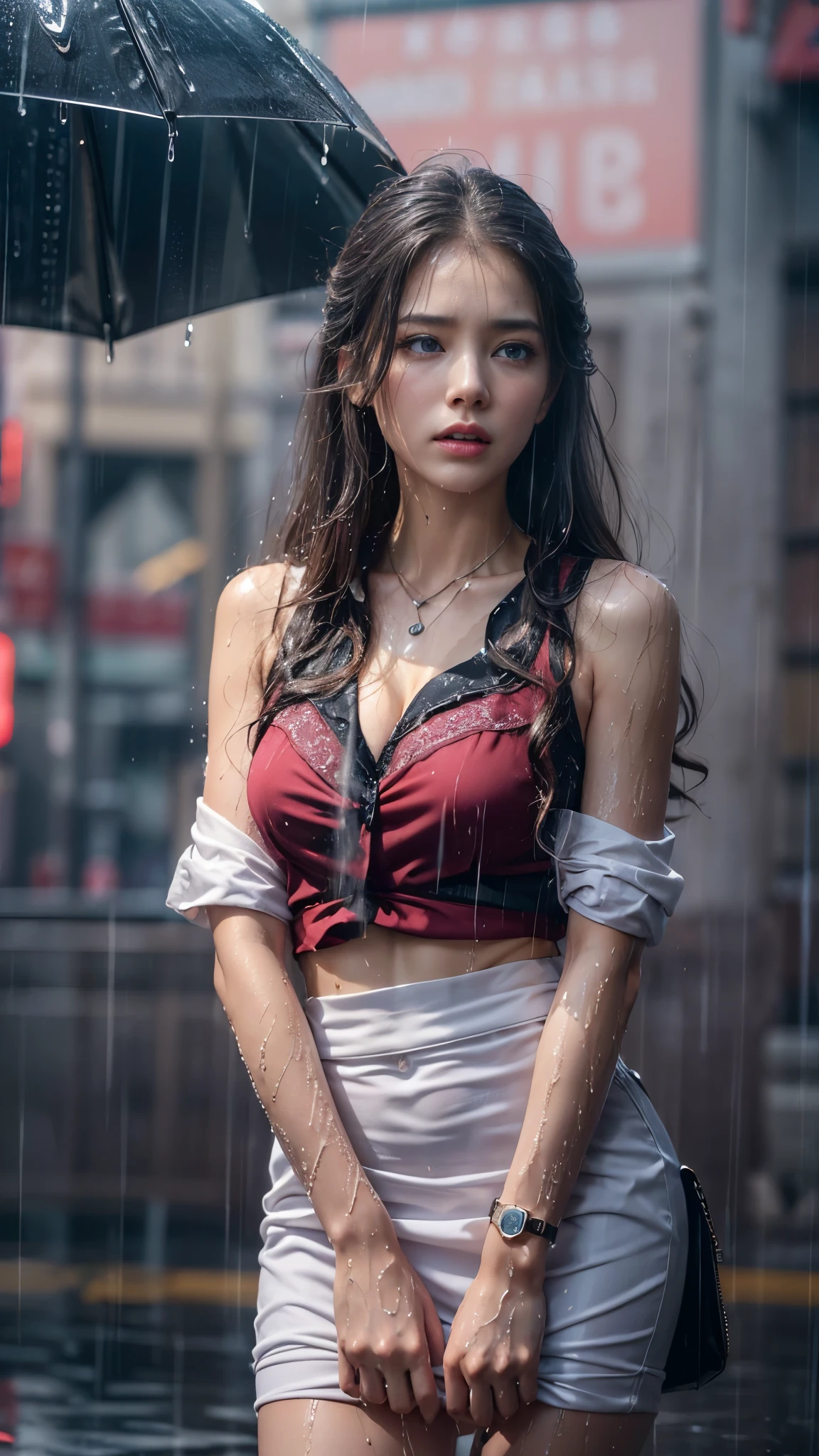 (RAW shooting, Photoreal:1.5, 8K, highest quality, masterpiece, ultra high resolution), perfect dynamic composition:1.2, Night street corner of a modern city, expression of sadness:0.5, (((Typhoon heavy rain))), Highly detailed skin and facial textures:1.2, Slim office lady wet in the rain:1.3, Fair skin, sexy beauty:1.1, perfect style:1.2, beautiful and aesthetic:1.1, very beautiful face, water droplets on the skin, (rain drips all over my body:1.2, wet body, wet hair:1.4), (Wet tight skirt:1.2, wet business suit jacket:1.3, wet blouse:1.3), belt, (Medium chest, Bra is sheer, Chest gap), (cry, lovelorn, The expression on your face when you feel intense caress, Facial expression when feeling pleasure), (beautiful blue eyes, Eyes that feel beautiful eros:0.8), (Too erotic:0.9, Bewitching:0.9), cowboy shot, Shoulder bag, necklace, earrings, bracelet, clock