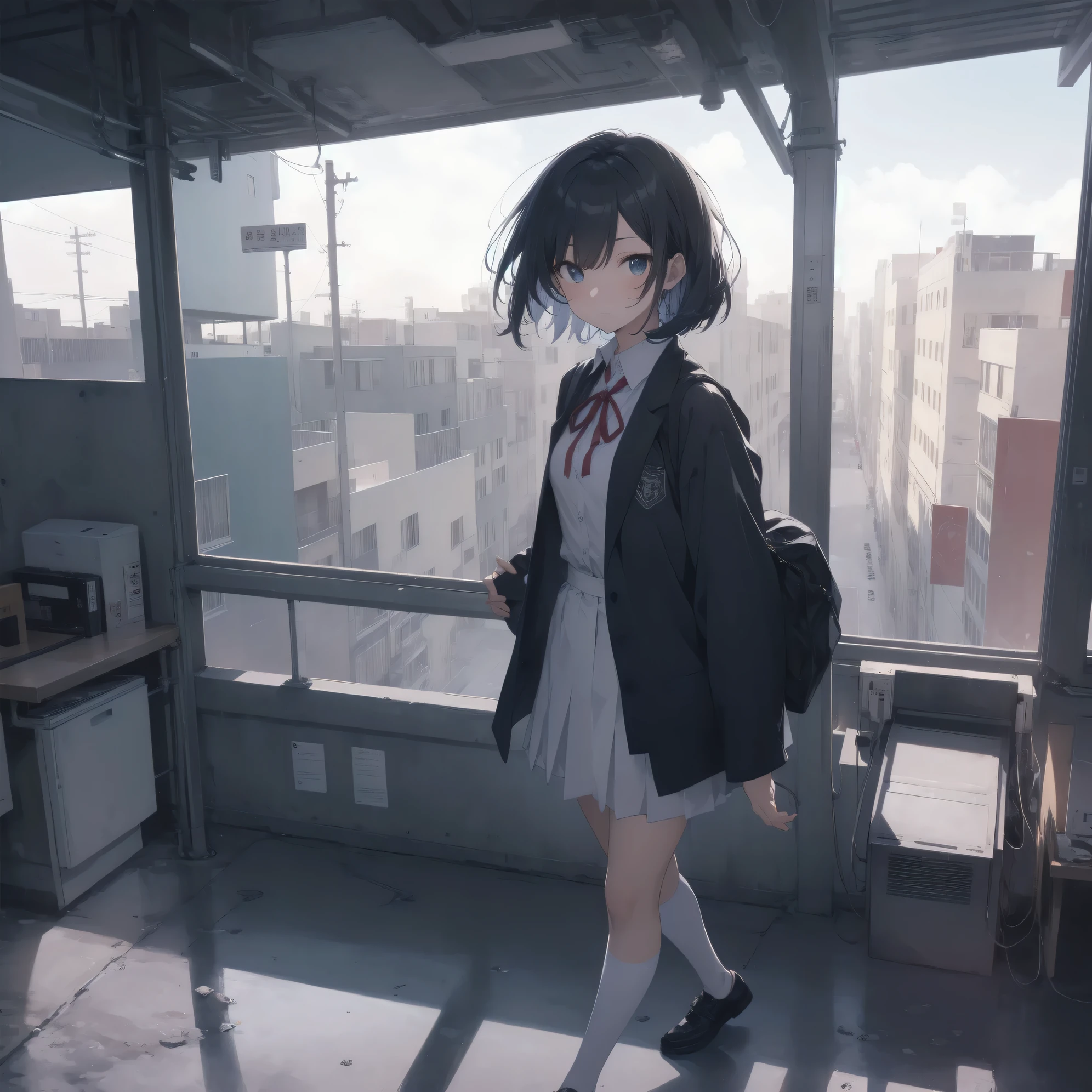 Super Absurd - Top Quality from the God of Art, Super detailed, High resolution, anime moe art style, best anime 8K konachan wallpaper, Pixiv contest winners, perfect anatomy,break, (眠そうにalone学校へ行く女の子を描いてください. )break,1 girl, (alone,little woman, 13 years old:1.3),All limbs, full finger,, The charm of an immature body, (very_short hair), shortcut, Bang, flat chest, , small ass, between legs, small black eyes, detailed and beautiful eyes, Well-proportioned iris and pupils, expressive eyes, High resolutionの詳細な髪, expressive, neck ribbon, shirt, collared shirt, skirt, pleated skirt, , (detailed lighting), (detailed background), On the way to school. break,super dense skin, Best cinematic lighting powered by famous artist, 8K,Beauty Illustration,photoshop_(Moderate),Absurd Hi-Res,UHD,rough skin,break,((artist:imigimuru)), artist:mifuru,artist:Fujiyama,artist:sekiya asami,