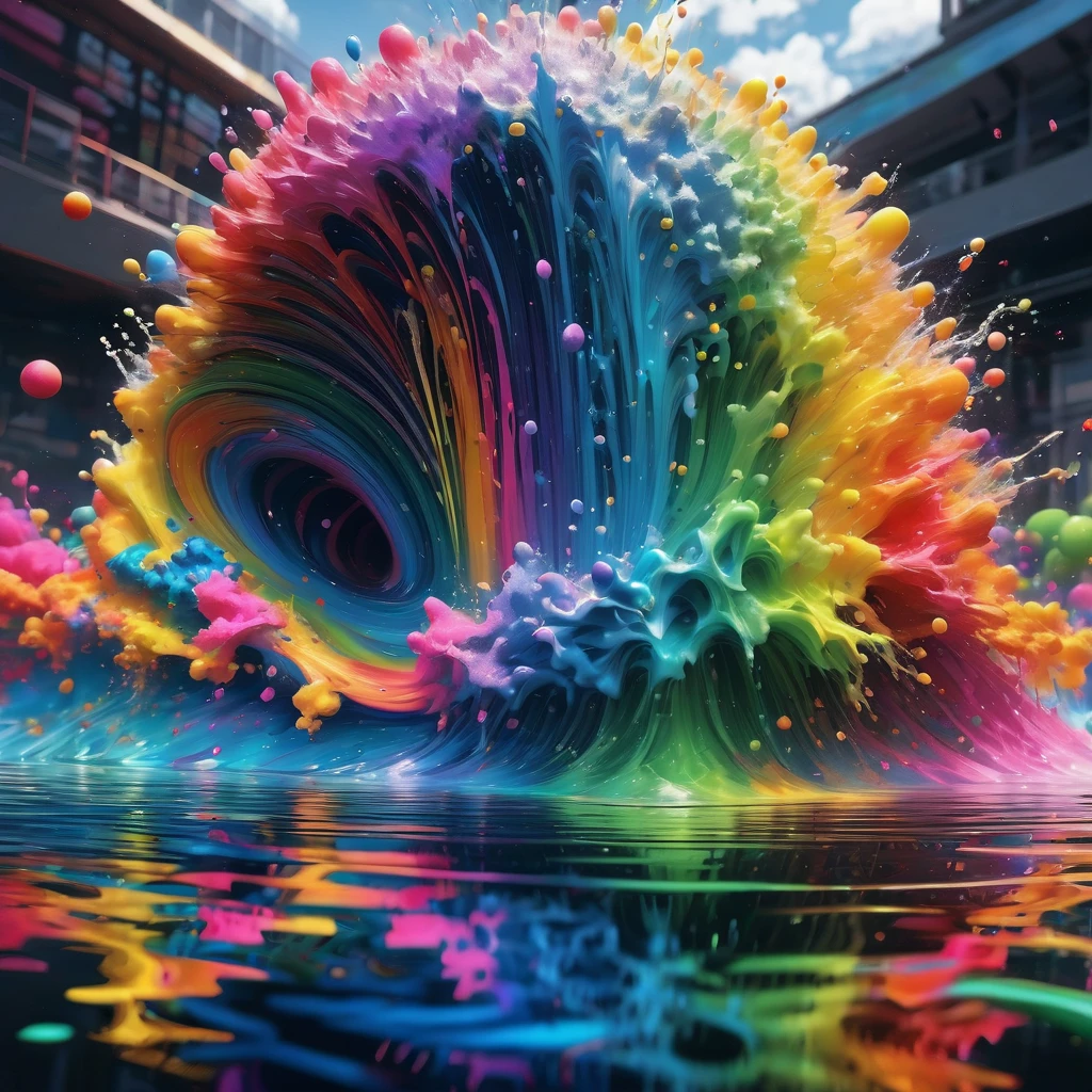 Reflection, aesthetic, extremely detailed, Rainbow explosion with reflection in water, made of coloured particles, high contrast: COLORFUL: 3D: ultra-fine details: dramatic lighting: splash art: professional photography, ZBrushCentral: finalRender: sharp focus: Unreal Engine 5 Trending on Artstation drip art fluid acrylics