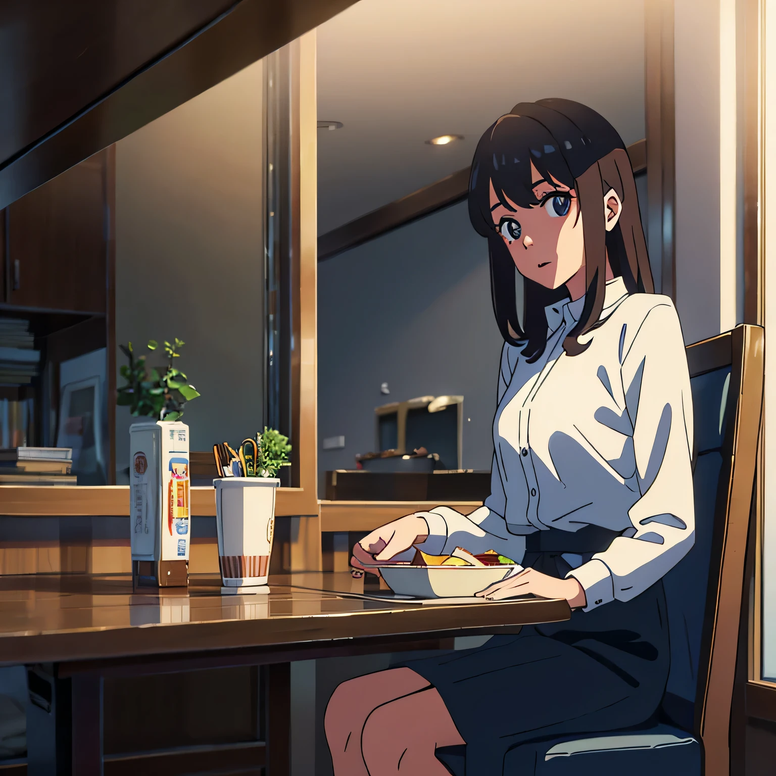 a girl looking directly at the viewer sitting in a chair eating in front of a dining room, de fondo la sala dw una casa