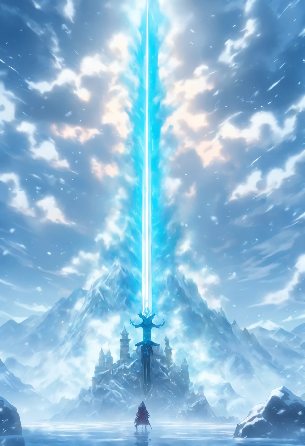 In the fog,A silver-white giant sword exuding cold air points to the sky and the earth:This giant sword is all silver in color,The sword is covered with layers of frost,The blade of the sword seems to be condensed with tens of thousands of years of ice.,The chill is intimidating。The surrounding fog condenses into ice around the sword body,Seems more mysterious。The background is a continuous snow-capped mountain,The giant sword blends perfectly with this cold environment,It's like the weapon of a hidden master。