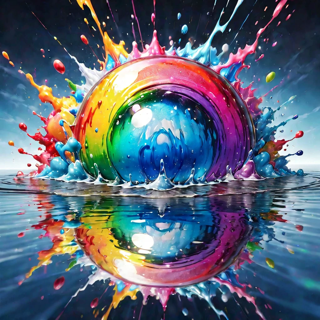 Reflection, aesthetic, extremely detailed, Rainbow explosion with reflection in water, made of coloured particles, high contrast: COLORFUL: 3D: ultra-fine details: dramatic lighting: splash art: professional photography, ZBrushCentral: finalRender: sharp focus: Unreal Engine 5 Trending on Artstation drip art fluid acrylics