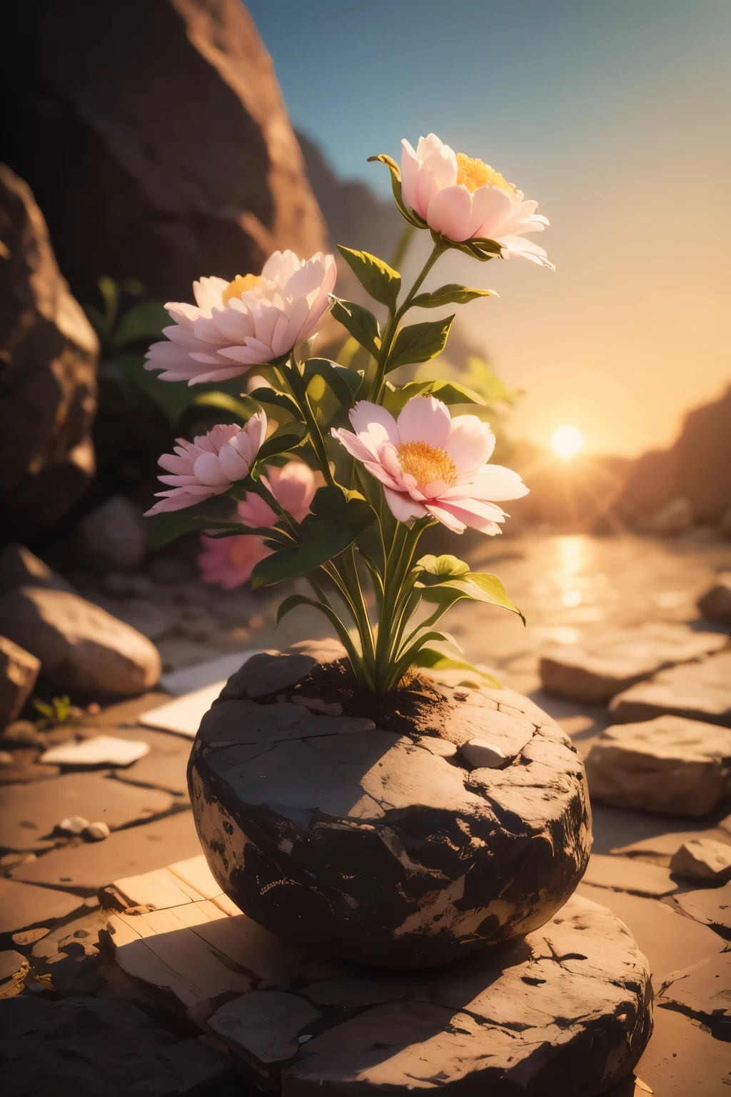 Flowers tied in rough stones、realistic pictures、(((fantastic background)))、(sunrise)、there are no humans