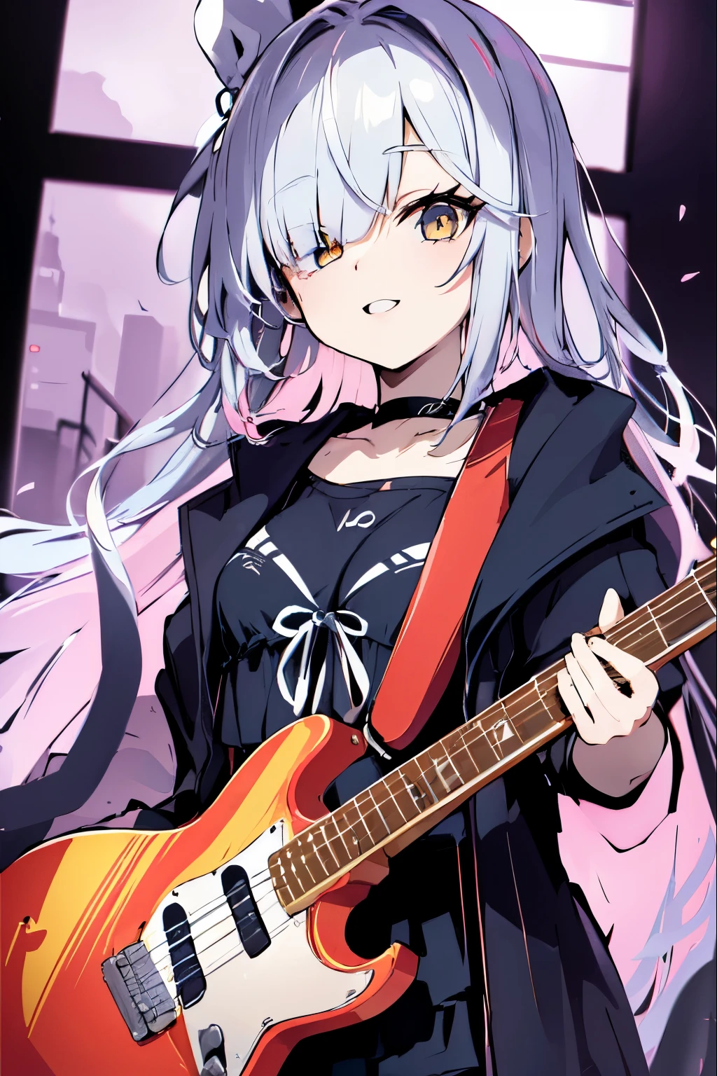 ((masutepiece)), ((Best Quality)), (Ultra-detailed), Anime style, Live performance venue, Cute s, 1girl in, Solo, Playing the guitar 00, ((Beautiful eyes))0, Smile,(((yellow eyes))),