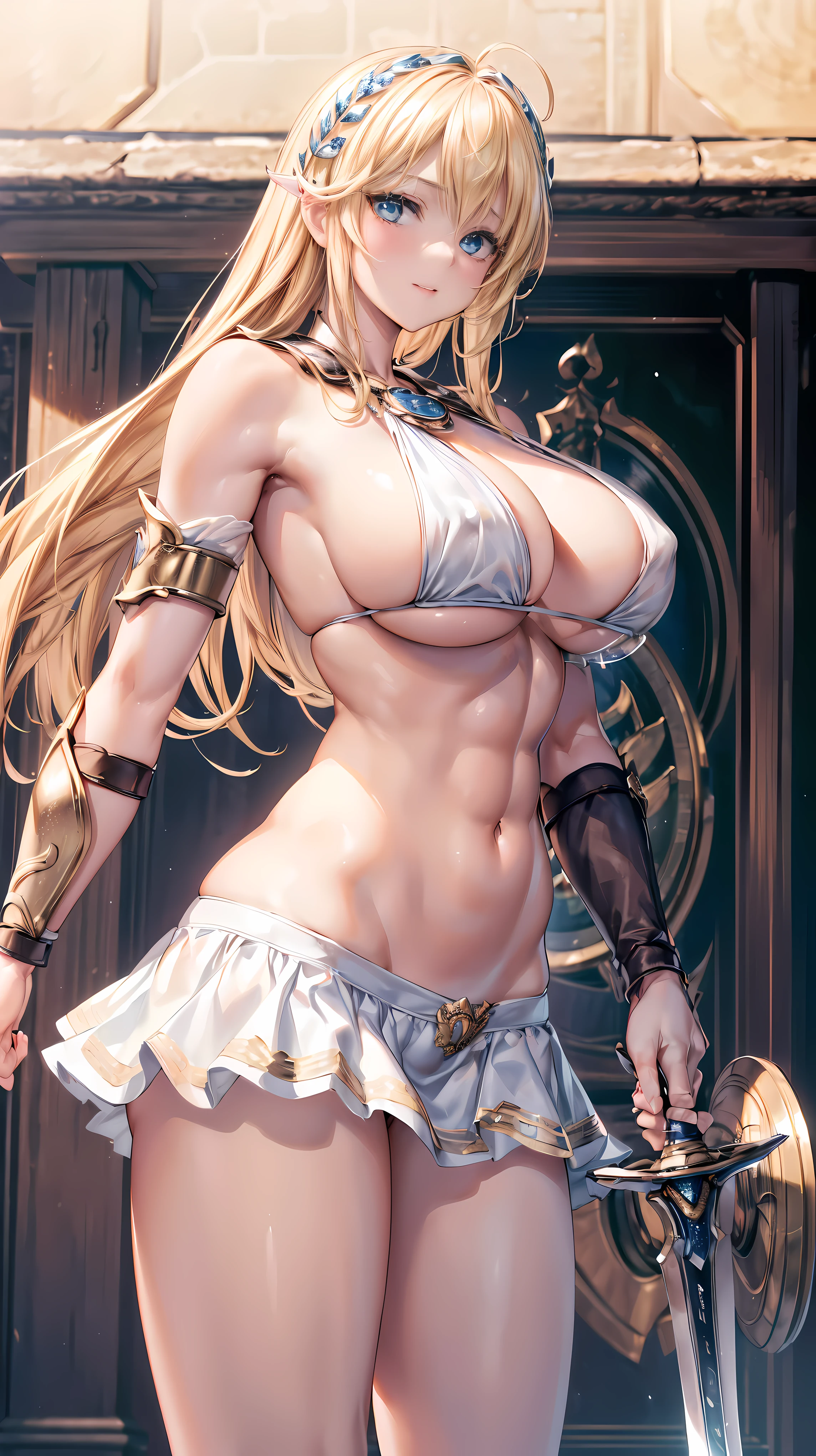 Super detailed、masterpiece、masterpiece、sensual, long blonde hair, thick thighs, 8K, 4k, highest quality, (High resolution:1.6), cute anime face, noise reduction, (shining blue eyes, gentle smile:1.5, Gentle ice star piece)、toned abdominal muscles, muscular arms, muscular legs, young face, Sophitia Alexandra、(holding a sword in the right hand:1.5)、(Equipped with a shield on the left arm:1.FW huge body:1.8)、knee high tights、beautiful hands、garter belt