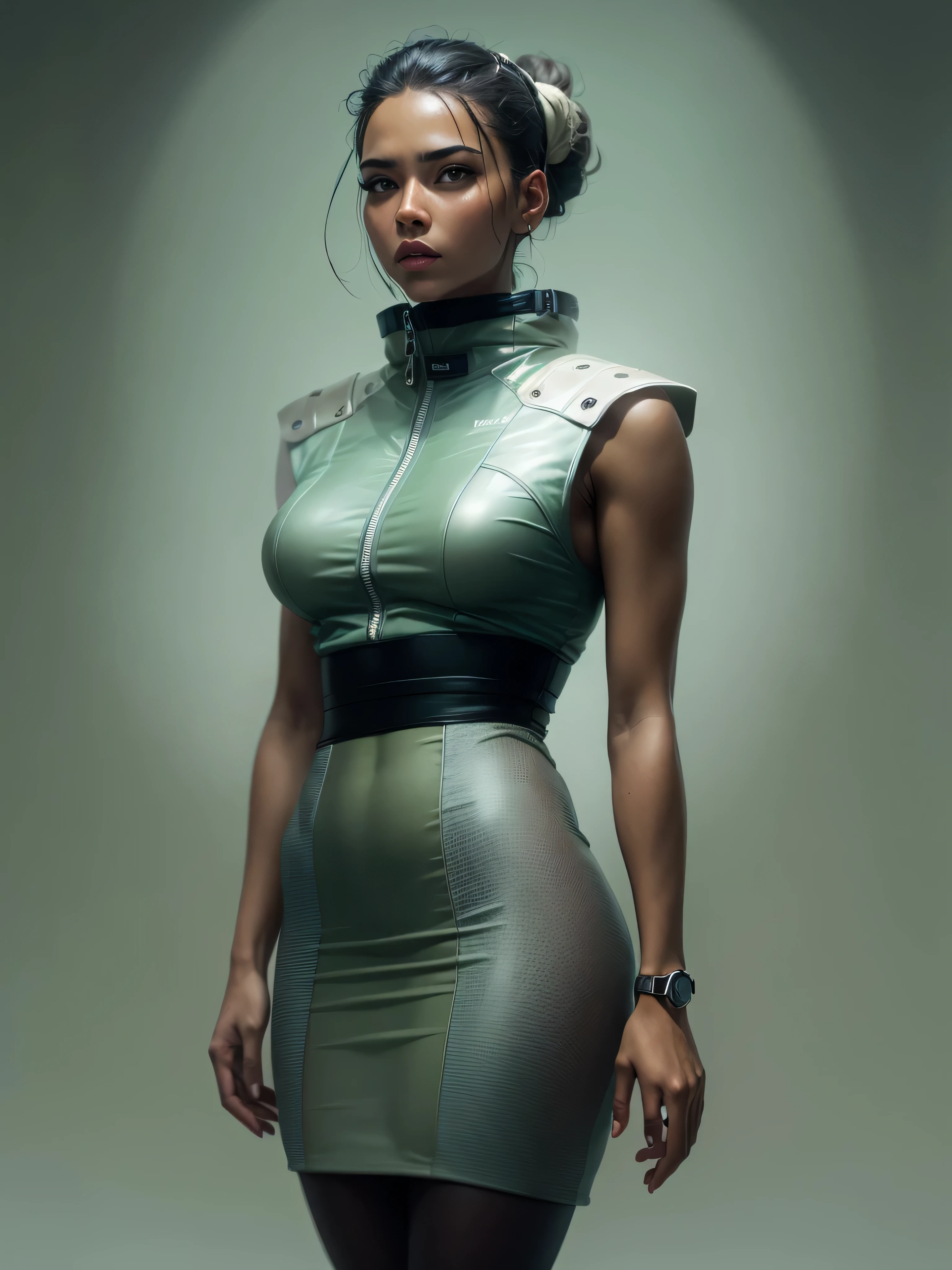  ((best quality)) , ((masterpiece)) ,((detail)) ,woman, aborigines, assassin,matte skate skirt,slicked back hairstyle,Peeping Space Age Blacktail,Simple background,  (((movie stills))) , elegant . Shallow depth of field, vignette, Very detailed, high budget, Bokeh, Cinemascope, moody, epic, Gorgeous, film grain, grainy,8K resolution