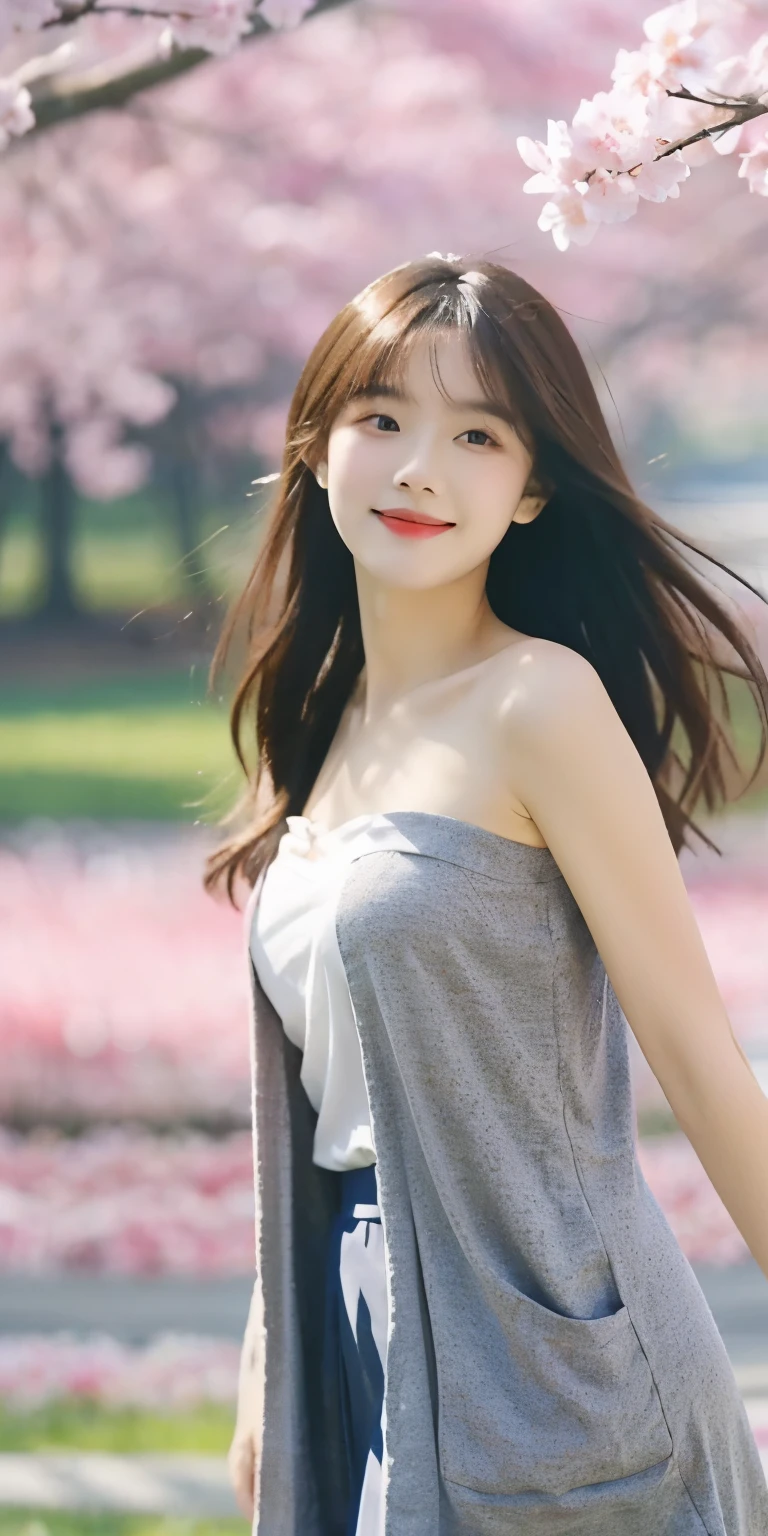masterpiece,real photos,(solo) Real light and shadow,HDR backlight,Contour light,Shallow depth of field,reddish brown long straight hair,Elegant Chinese beauty,smile,Dancing by the lake, Wearing a strapless cardigan dress,The light reflects on her skin,The breeze blew her face,Surrounded by cherry blossom trees,petals flying everywhere,The skirt is flying and rhythmic