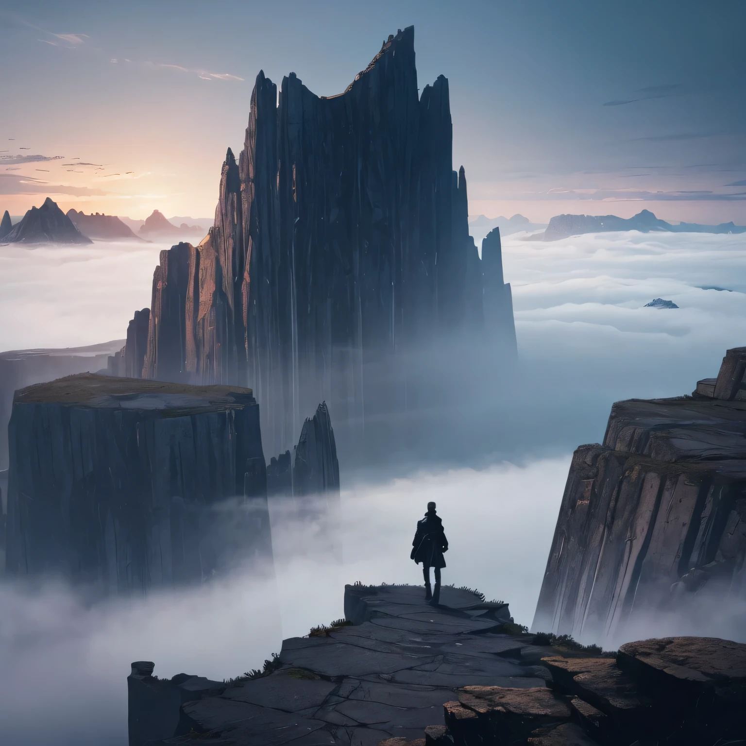 "Generate an evocative image for the back cover, depicting a shadowy figure standing on the edge of a precipice, overlooking a sprawling, fantastical landscape shrouded in mist and mystery. Let the image convey the allure and danger of the world within 'The Chronicles of Cole Winterbourne: Shadow's Embrace'."