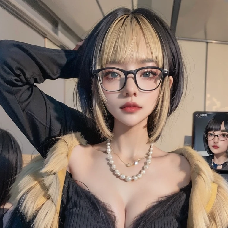 Fubuki\,1 girl,chest,Fubuki \(One Punchman\),decorations,alone,necklace,rift,fur coat,set,pearl necklace,short hair highlights,Golden blonde hair color highlights,((Bangs)),black eyes,glasses,กรอบแว่นblack eyes,smooth,put on makeup,lips,lipstick,coat,blunt smooth,black set,long sleeve,jacket,best quality,Masterpiece,illustration,Delicate and extremely beautiful,CG,unity,8K wallpaper,miraculous,exquisite details,Masterpiece,official art,very detailed CG unity 8K wallpaper,Incredibly nonsense.,large file size,very detailed,height,very detailed,,realistic,,