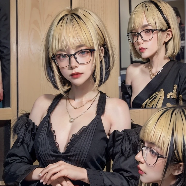 Fubuki\,1 girl,chest,Fubuki \(One Punchman\),decorations,alone,necklace,rift,fur coat,set,pearl necklace,short hair highlights,Golden blonde hair color highlights,((Bangs)),black eyes,glasses,กรอบแว่นblack eyes,smooth,put on makeup,lips,lipstick,coat,blunt smooth,black set,long sleeve,jacket,best quality,Masterpiece,illustration,Delicate and extremely beautiful,CG,unity,8K wallpaper,miraculous,exquisite details,Masterpiece,official art,very detailed CG unity 8K wallpaper,Incredibly nonsense.,large file size,very detailed,height,very detailed,,realistic,,