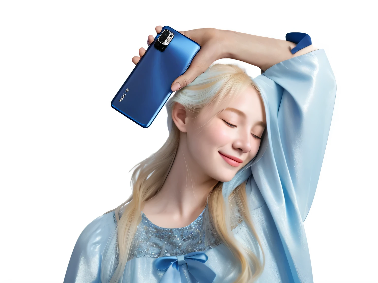 A girl in a light blue dress, European and American girls, with golden hair, eyes closed, Smile, Super realistic details, and realistic textures