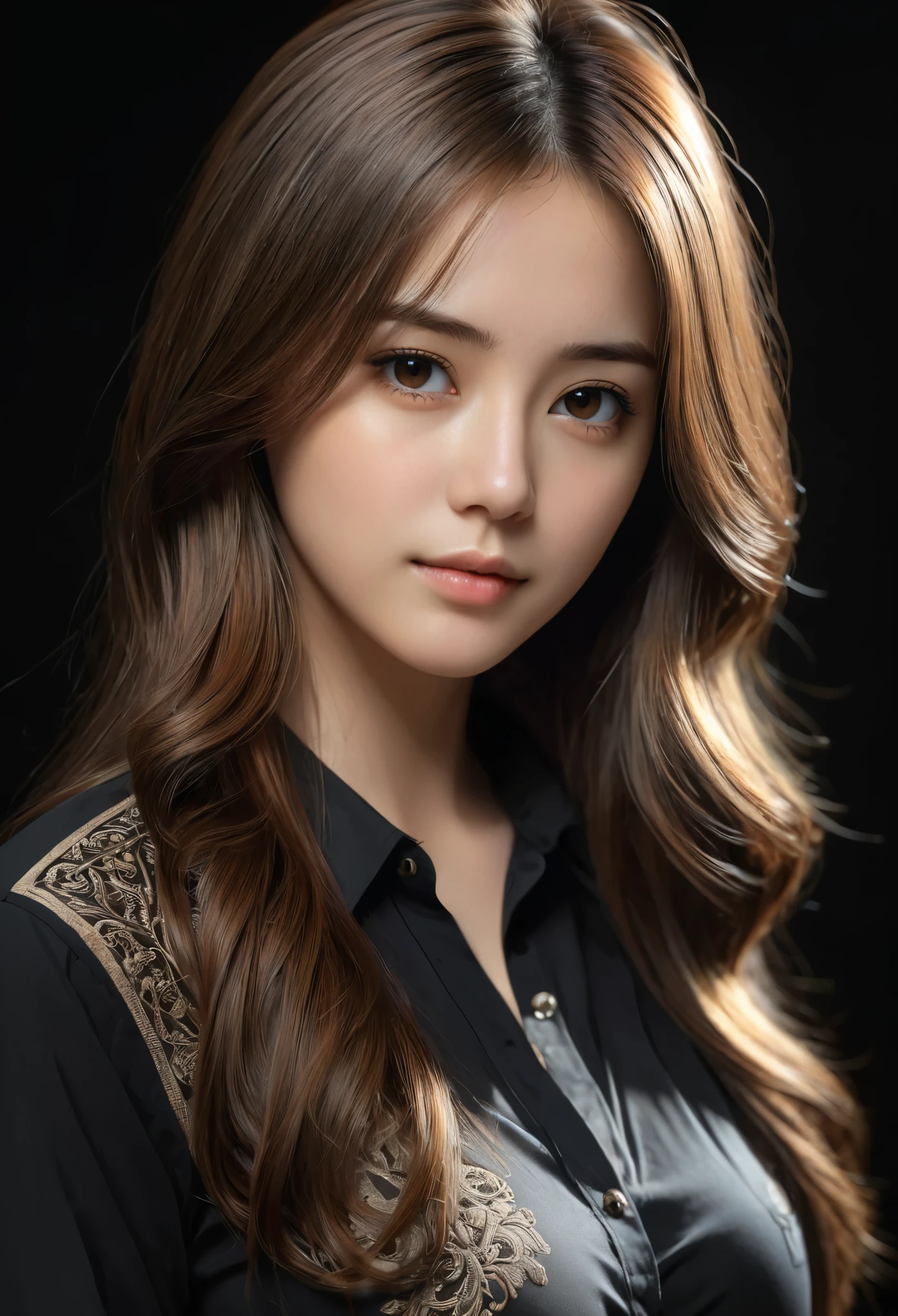 1girl, solo, long hair, brown hair, detailed face, black shirt, medium breasts, looking at viewer, simple background, finely detailed, intricate detail, ray tracing, depth of field, low key, hdr,  photorealistic, masterpiece, best quality, raw photo