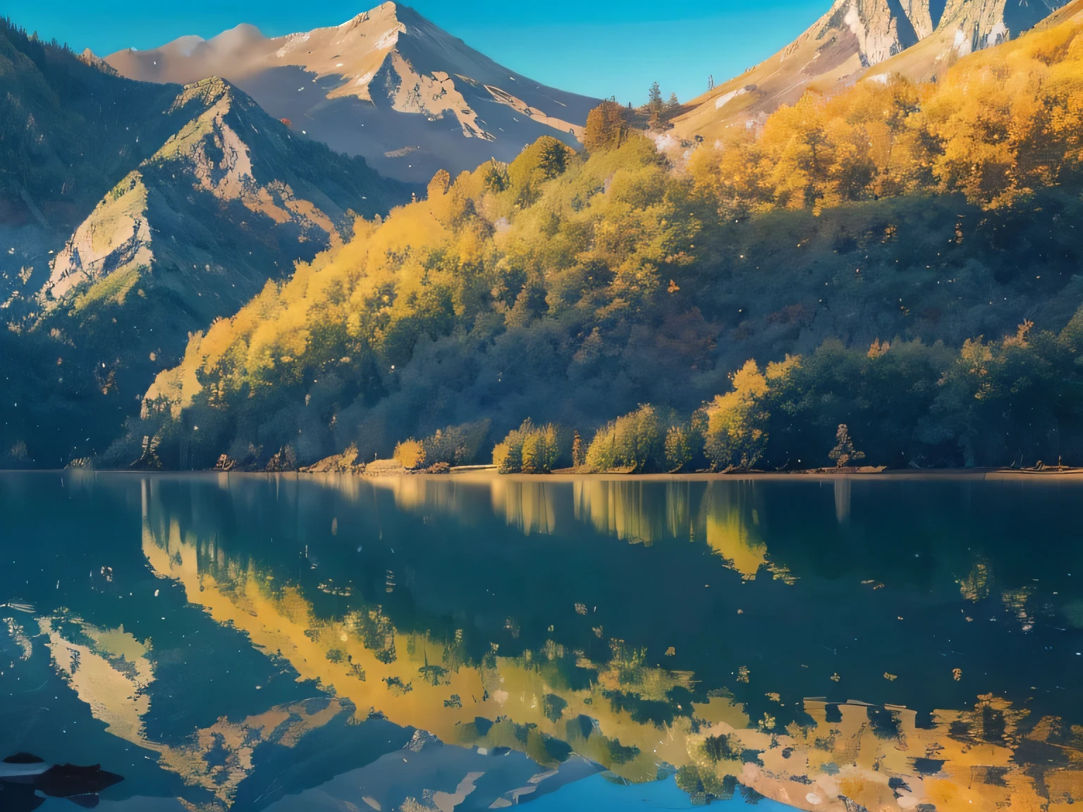 (((reflection))),Lake view with mountains as background, beautiful lake, Colors reflected on the lake, stunning natural background, Really beautiful nature, beautiful place,Beautiful scenery、colorful environment, 4 0 9 6, 美丽的reflection