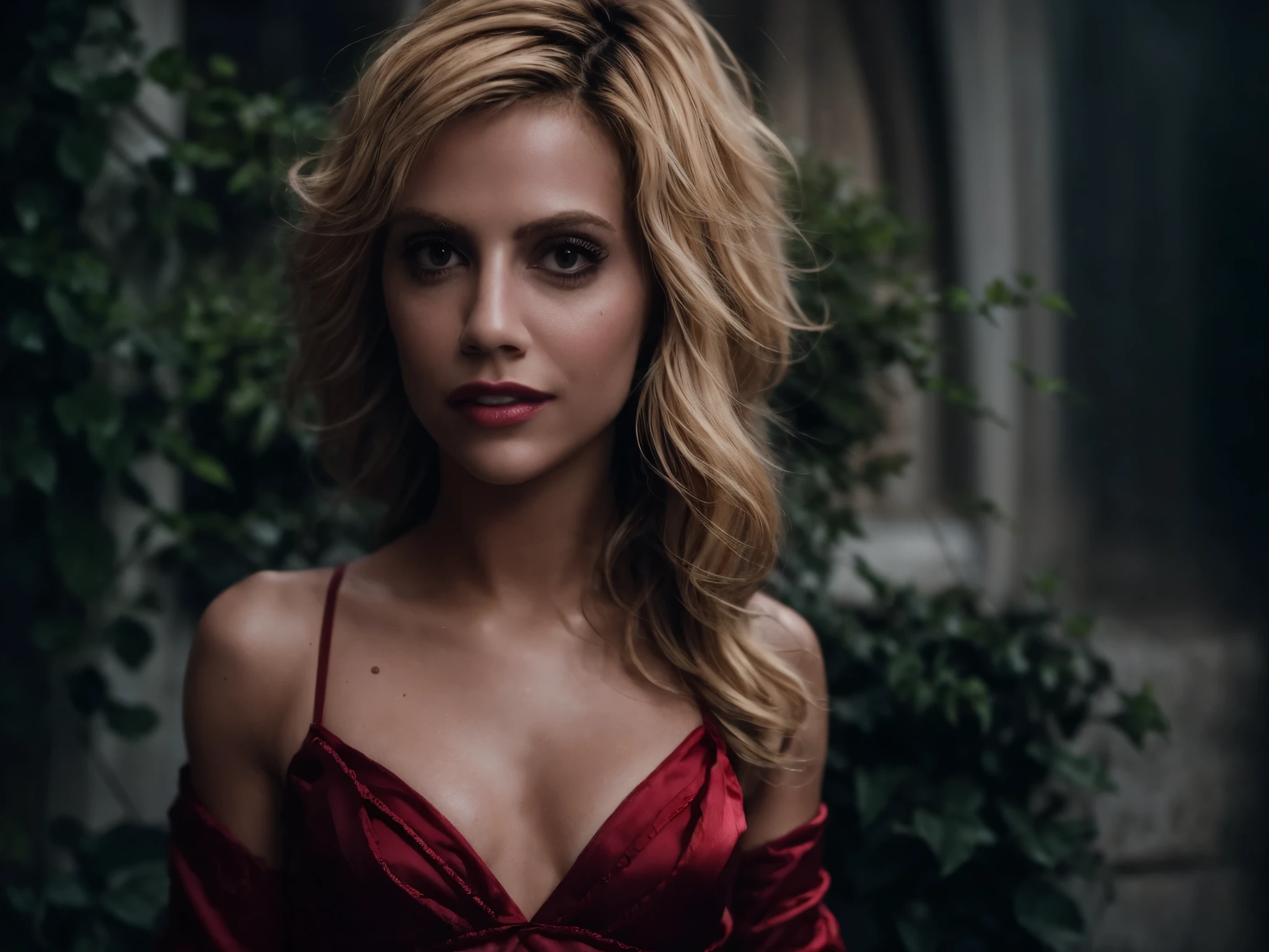 headshot of Britanny Murphy, blonde, standing a french village street, (wearing long sleeved red satin dress:1.2), soft lighting, film grain, Fujifilm XT3, dark theme,